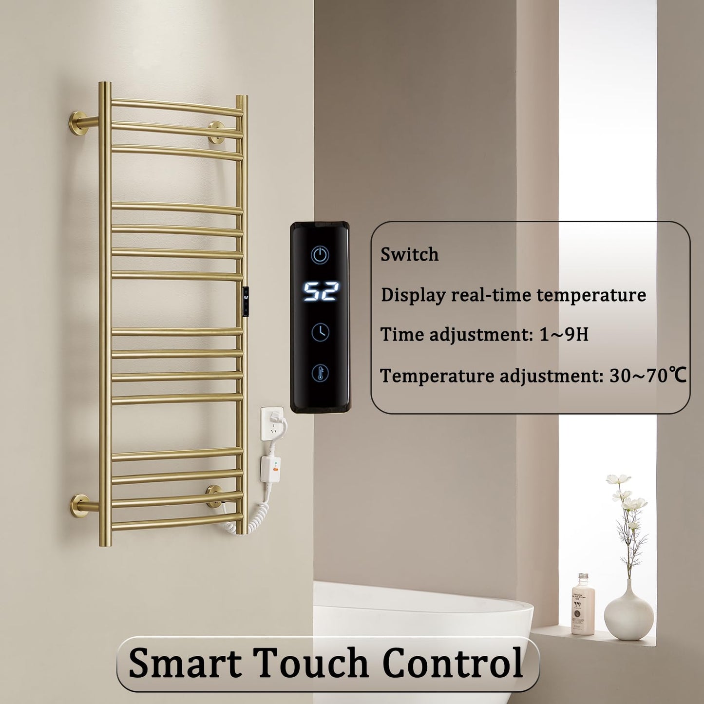 OihPaw Sèche-serviette électrique Or Brossé WiFi Intelligent 185 W Porte-Serviettes Chauffant Électrique 1100 * 600 mm Acier Inoxydable Radiateur de Salle de Bain avec 15 Tiges Courbées