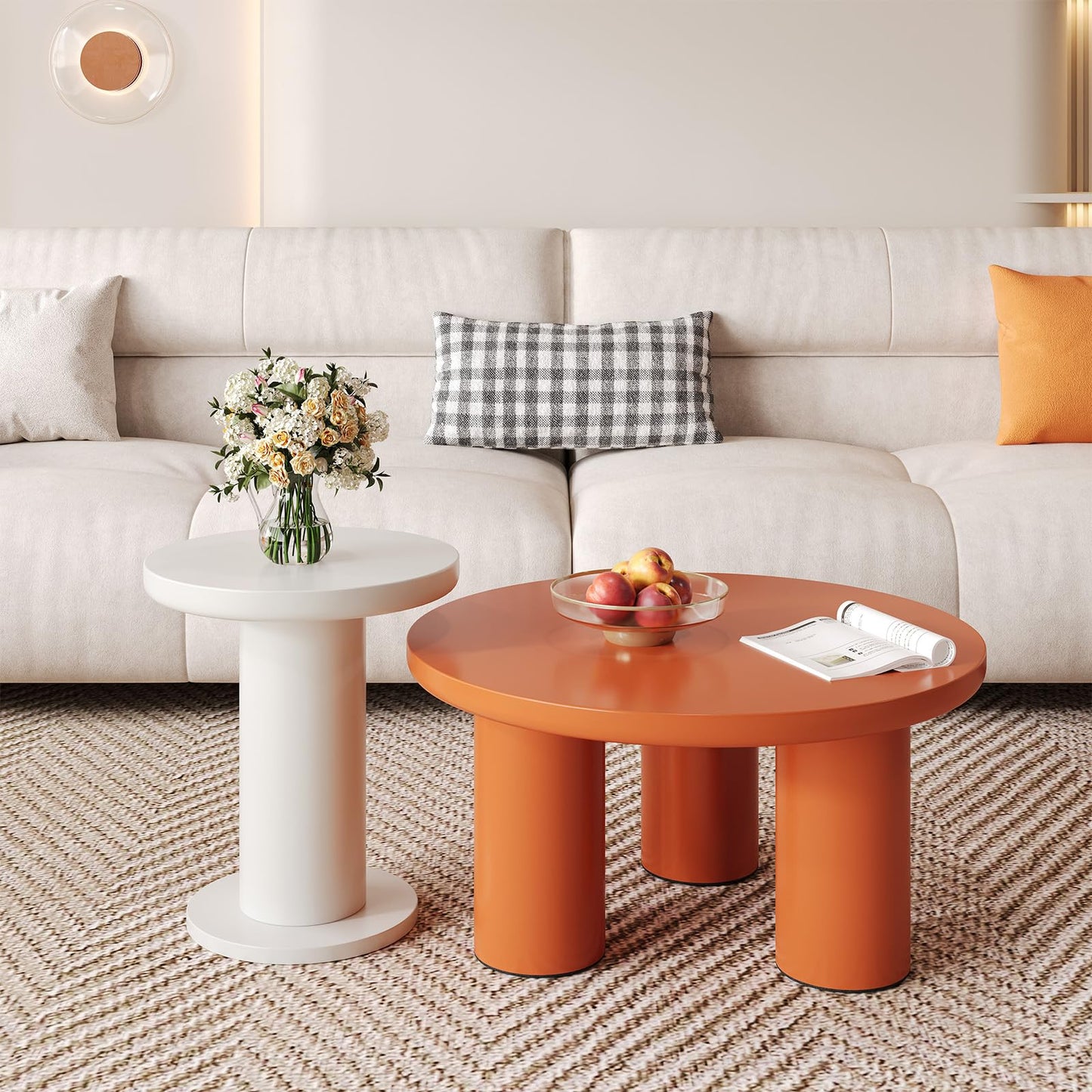 Peiaw Table Basse,Table Basse Minimaliste Moderne,Ensemble de Table Basse Ronde,Table Basse Blanche et Orange de Style crème,Colonne de Support cylindrique,Table Basse 39,8x39,8x42,2 + 100x100x40 cm