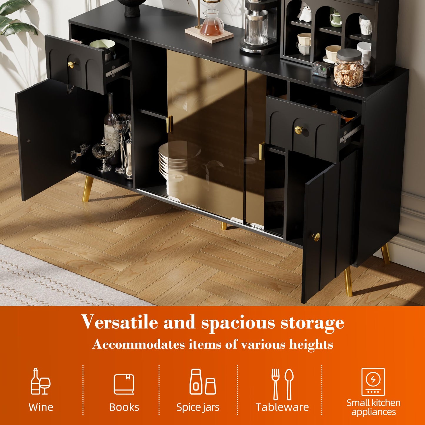 SHUGUANG Buffet Commode Bahut Vaisselier avec Verre Marron, Poignées et Pieds en Métal, Moderne Noir Buffet avec Panneaux Incurvés, Meuble de Rangement pour Salle à Manger/Salon, 150 x 30 x 89,7 cm