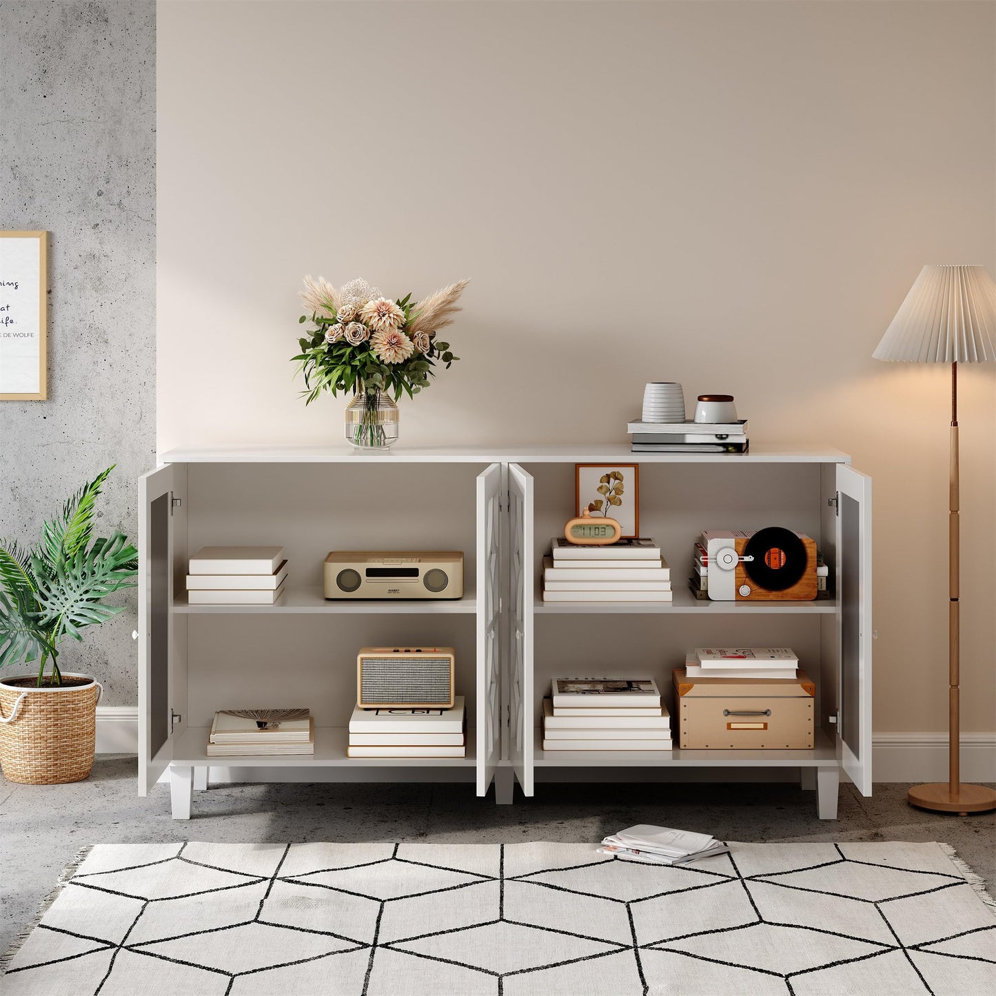 Buffet Moderne avec 4 Portes Miroir, Buffet Miroir avec Poignées en Cristal Froid, Stratifié Mobile, Armoire de Cuisine, Bahut pour Salon et Salle à manger, 160 x 40 x 85 cm, Blanc/Bois et Marron