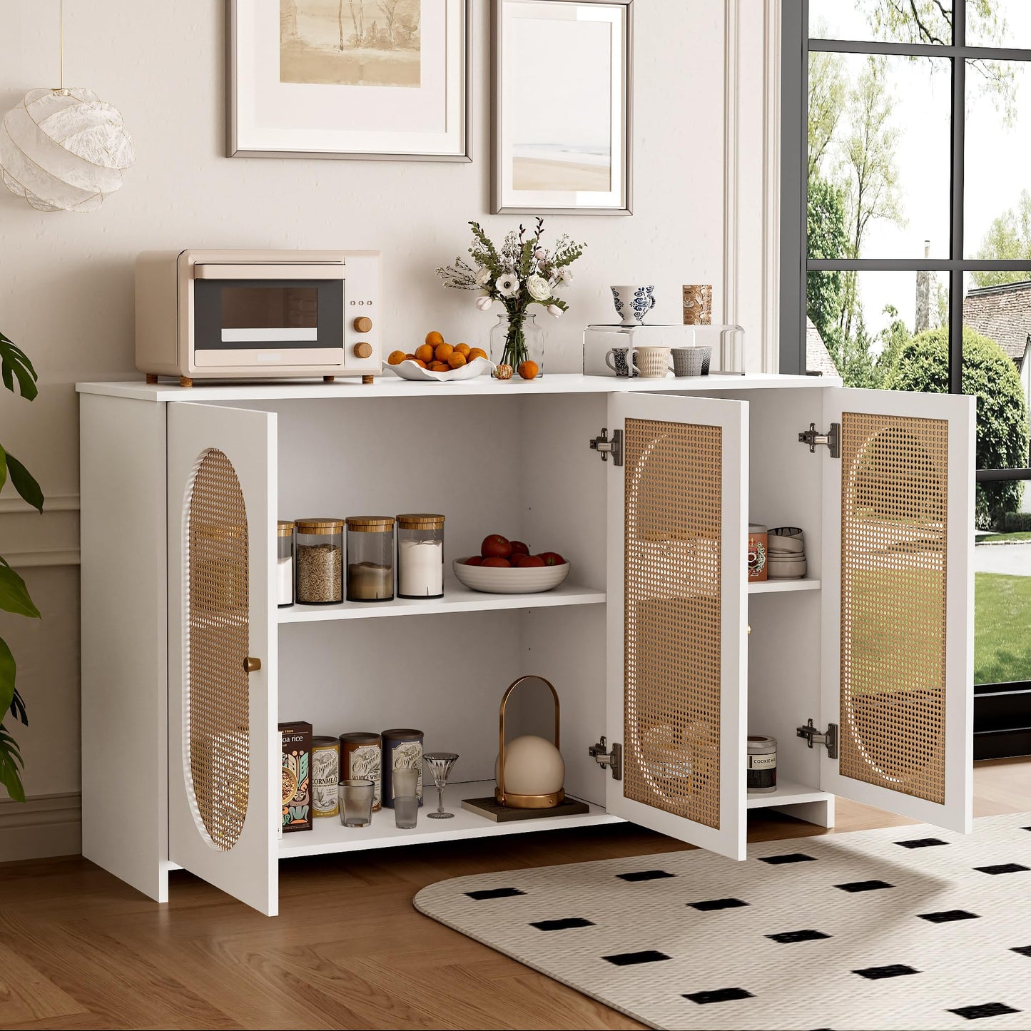 SHUGUANG 125 x 38 x 78 cm Buffet Moderne, Armoire Cuisine avec 3 Portes d'armoire Avoir Grand Espace de Rangement et Portes en Rotin Artificiel, Buffet de Salon Applicables à Salon, Salle à Manger