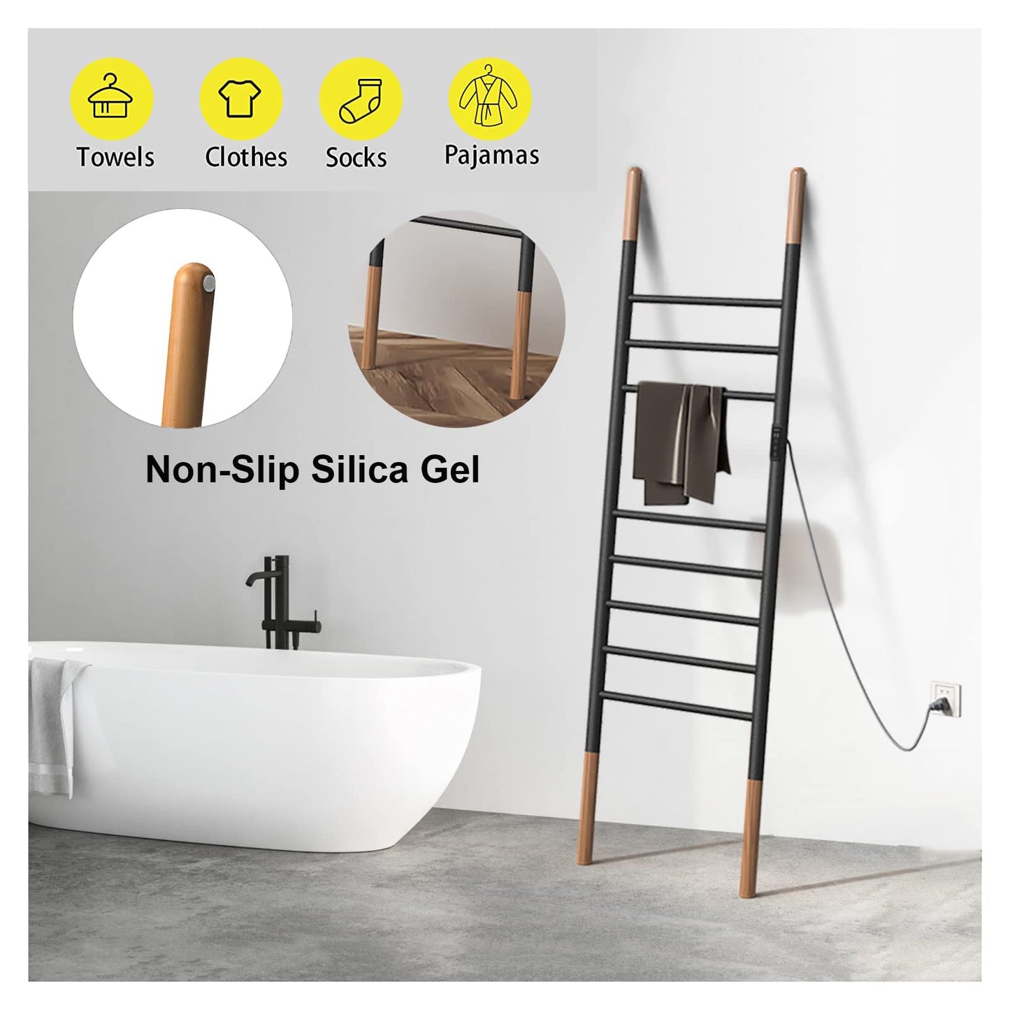 Sèche Serviettes Électrique Porte-Serviettes sur Pied, 150 * 45CM, 110W Porte Chauffe Serviettes Intelligent avec Minuterie Température Réglable, Échelle Porte Serviette Economie D'énergie