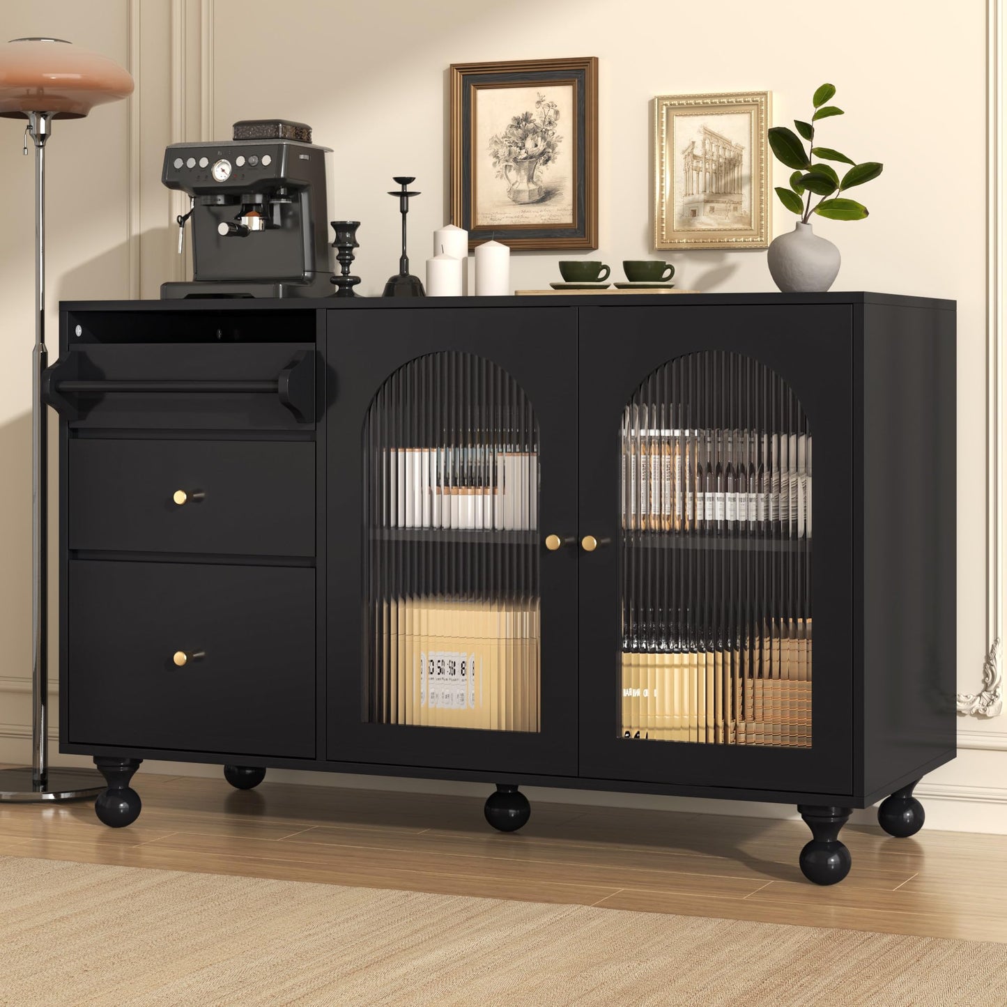 Buffet Salon Minimaliste Buffet Cuisine avec Porte en Verre Changhong et Porte-serviettes, Armoire de Rangement Élégante, Bahut pour Salle à Manger, Mobilier Moderne Multifonctionnel, Blanc/Noir