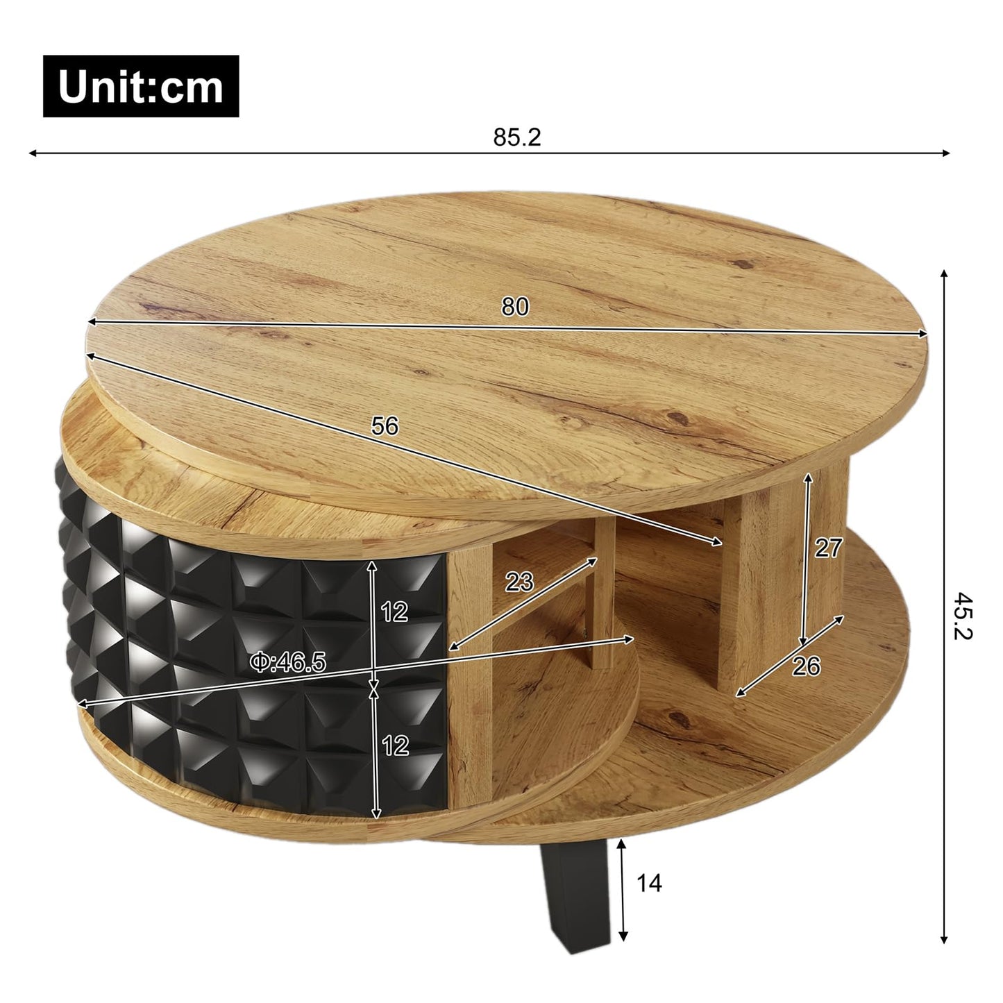 Table basse, table pivotante, table basse ronde, avec étagère interne cachée, table basse couleur bois avec pieds noirs, étagère de rangement rotative à 360 degrés, table basse 85,2 x 80 x 45,2 cm