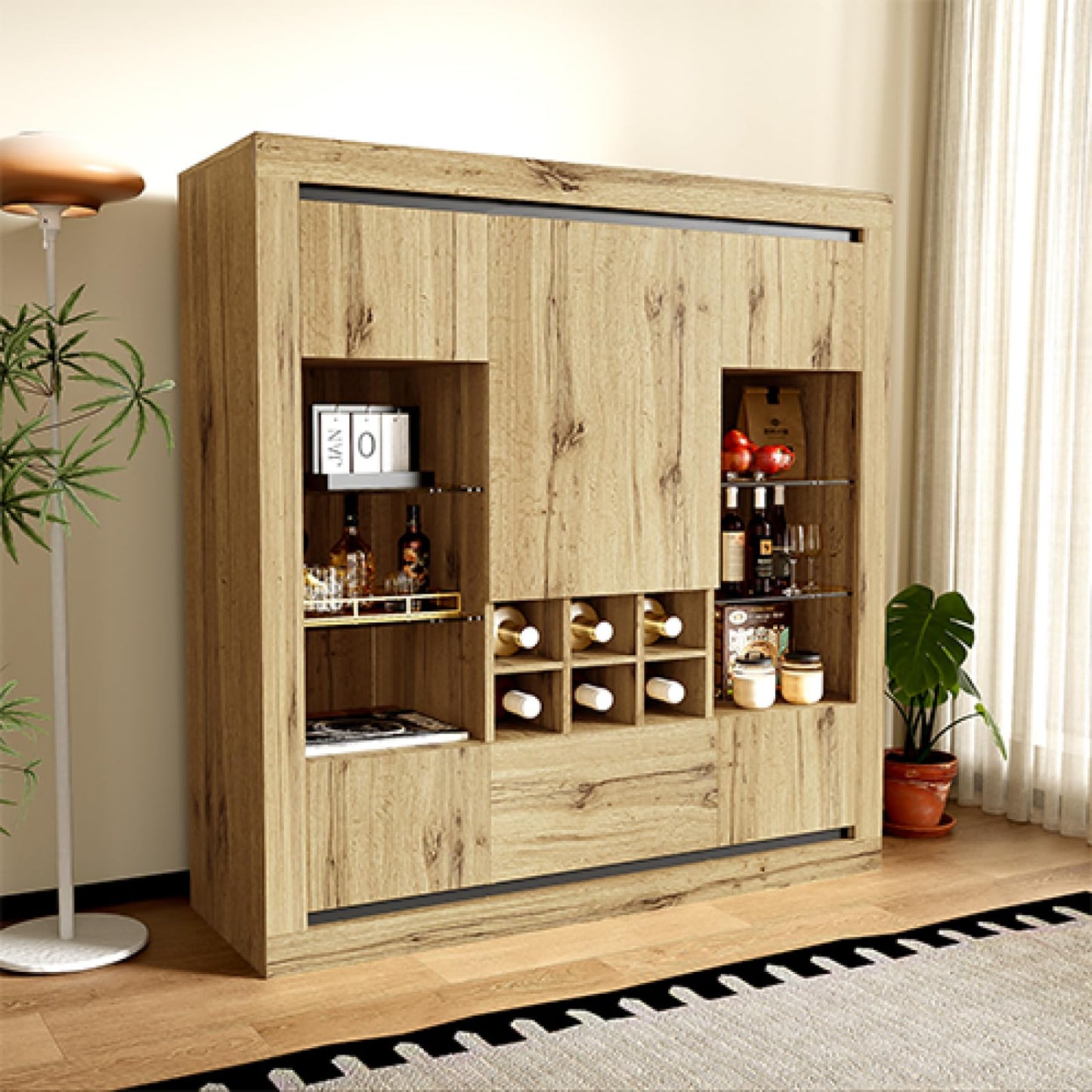 Peiaw Buffet,Buffet bahut Salon,Buffet Multifonctionnel,Meuble de Rangement,Buffet avec 5 Portes et casier à vin, étagère en Verre réglable, Buffet avec éclairage LED,110 x 38 x 115 cm