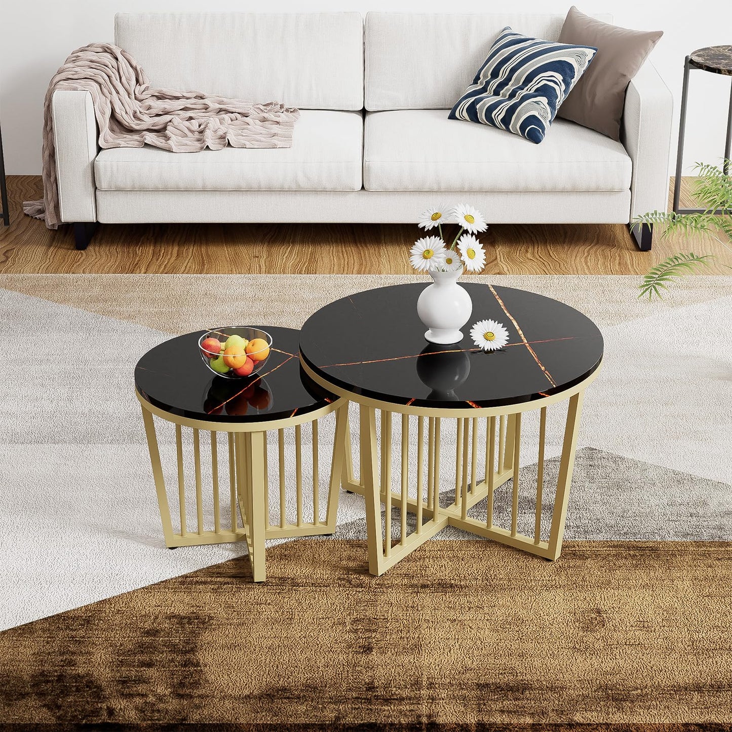 Peiaw Table Basse,Table de Salon,Table Basse Ronde,Lot de 2 Tables Basses,Table de Salon Moderne,Aspect marbre Noir Brillant et Cadre en Acier doré,Table de Salon 70x70x50cm et 50x50x45cm