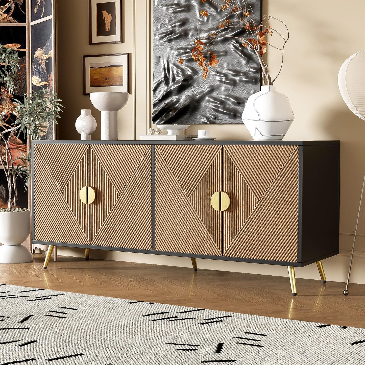 Peiaw Buffet,Cuisine Meuble, Support de Rangement Noir,Meuble de Rangement en Bois,Buffet à 4 Portes et cloisons réglables, poignées Semi-circulaires Or brossé,Garde-Manger 160 x 40 x 75 cm