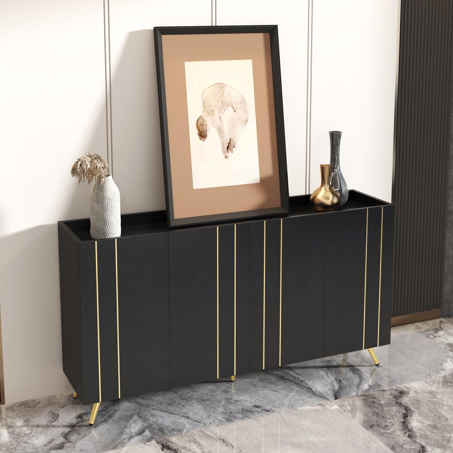 Buffet cuisine,Armoire multifonctionnelle,meuble de salon noir,Buffet moderne en bois,Buffet 4 portes,pieds dorés,bande de métal doré,Salon cuisine salle à manger meuble de rangement 160x38x80 cm