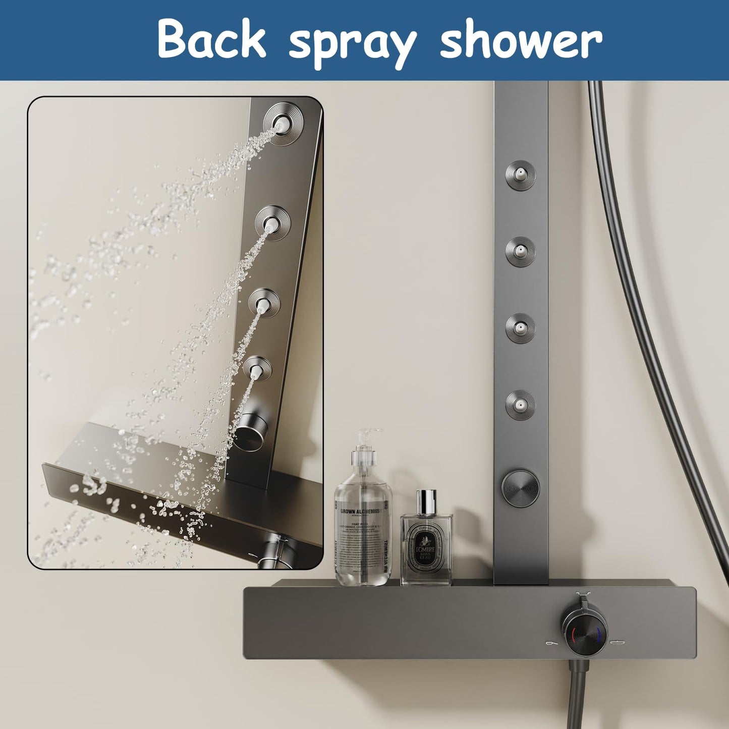 Système de Douche, Colonne de Douche avec Mitigeur Ensemble de Douche 4 voies Mural Kit de Douche avec Pomme de Douche y Douchette, Spray Dorsal, Bec de Baignoire (Gris Pistolet)