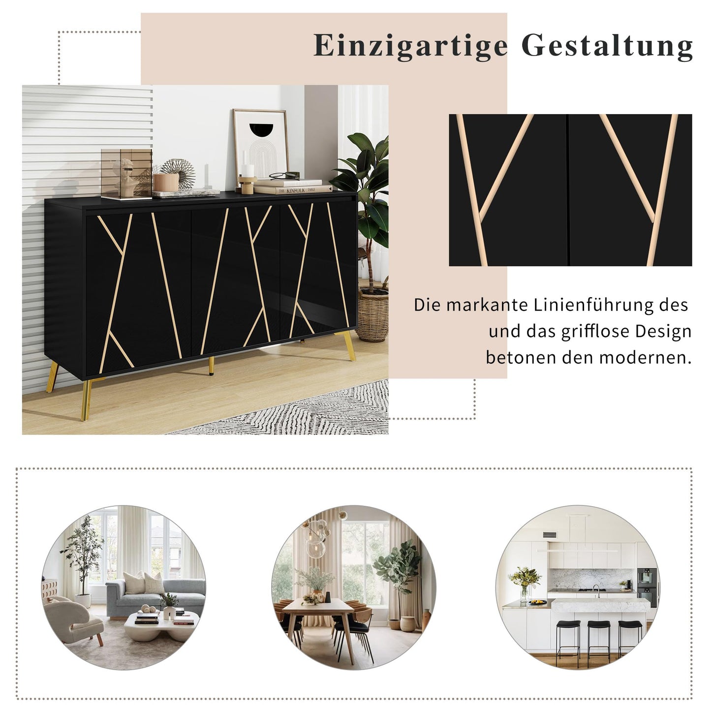 Buffet de Style Moderne au Design Unique Bahut avec 3 Portes, Sans Poignées, Armoire Latérale de Salon, Meuble Buffet de Cuisine, Armoire de Rangement pour Salle à Manger, Entrée (Blanc/Noir)