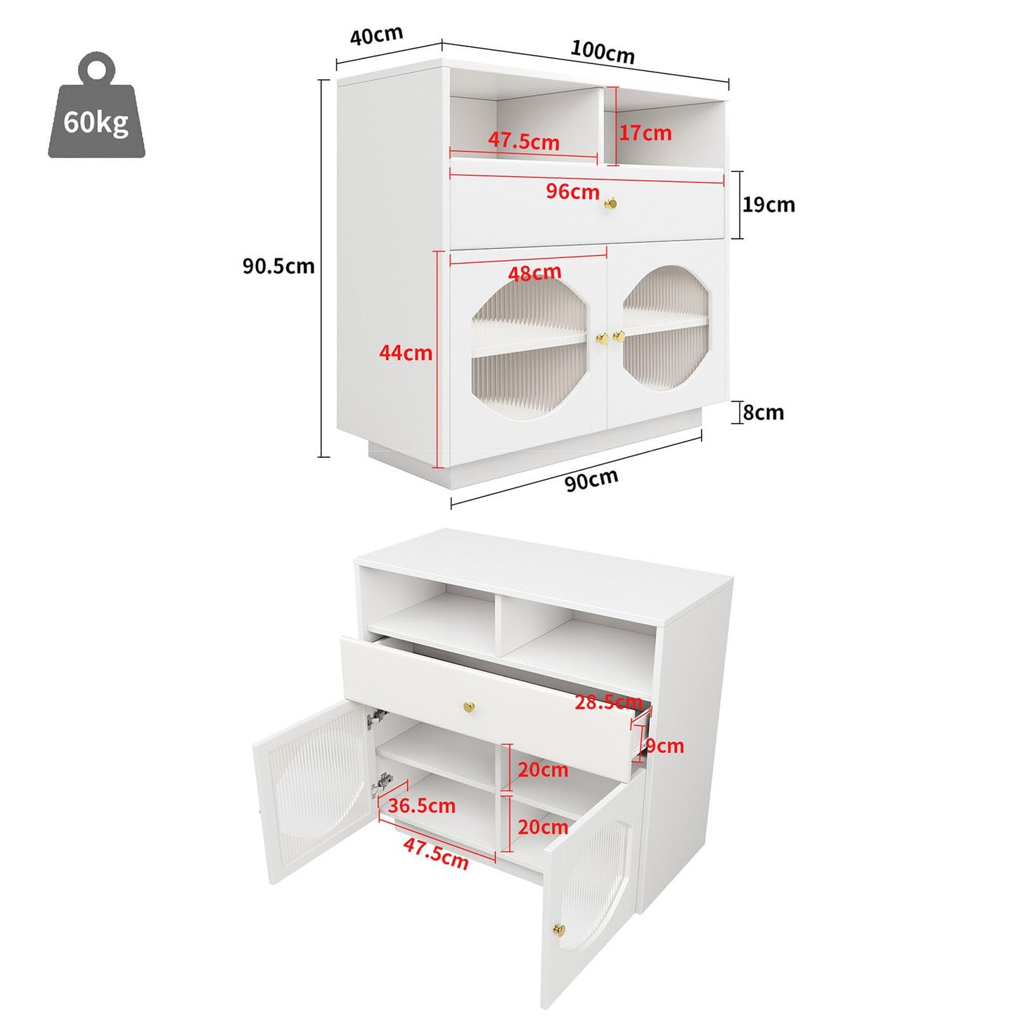 Sideboard Mit Glastür, Küchenschrank Mit Schublade aus PU-Leder, Kommode Modern, Mehrzweckschrank für Wohnzimmer, Esszimmer, Hohe Tragfähigkeit, 100 x 90.5 x 40 cm (B/H/T)