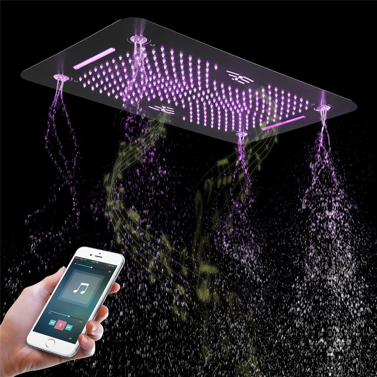 Colonne de Douche Thermostatique Système de Douche Encastrable, Musique 64 Couleurs LED Ensemble de Douche avec 6pcs 50 mm Buse de Massage, Noir Colonne Douche avec 580 * 380 mm Tête de Douche
