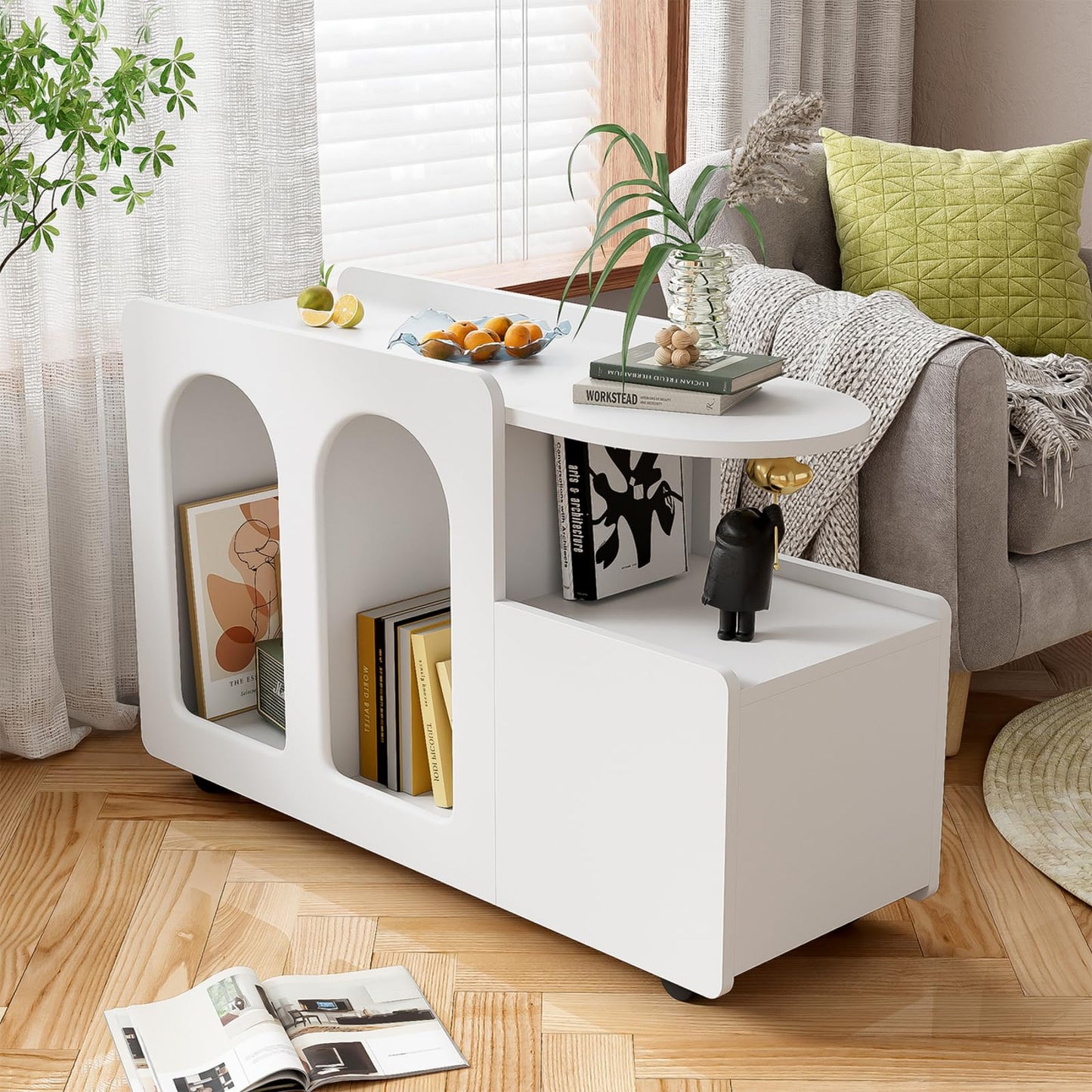 Peiaw Buffet,Meuble de Rangement,Commode,Compartiment Ouvert,Buffet Blanc,82 x 30 x 53 cm Armoire latérale Design en Arc,Convient aux Restaurants, Chambres, balcons, Bureaux