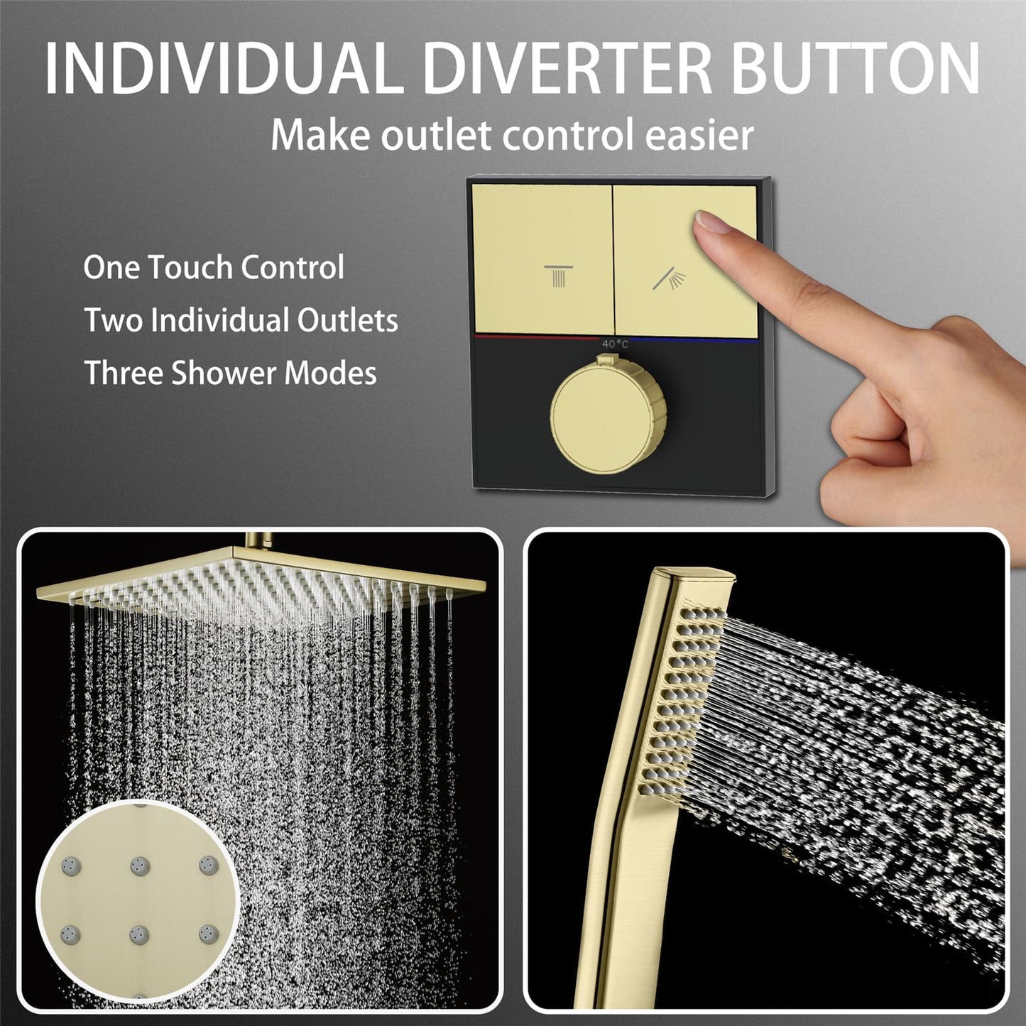 Colonne de Douche Thermostatique, Noir et Or Brossé Colonne Douche Encastrable 2 Fonctions Ensemble de Douche Mural Kit de Douche avec Pommeau de Douche et Douchette