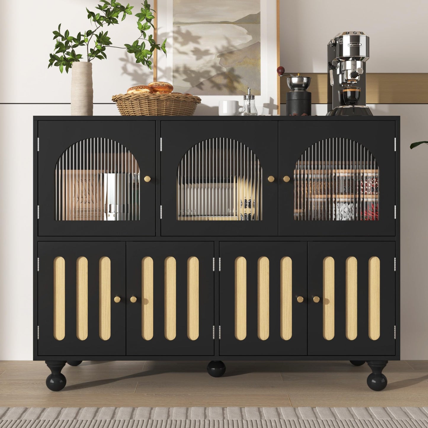 Buffet Salon Moderne, Longue Porte en Verre au Design Arc-en-ciel, Porte de Bar à clés de Piano, Pieds de Colonne Ronds, Armoire de Rangement Élégante, Armoire de Buffet au Design Unique, Blanc/Noir