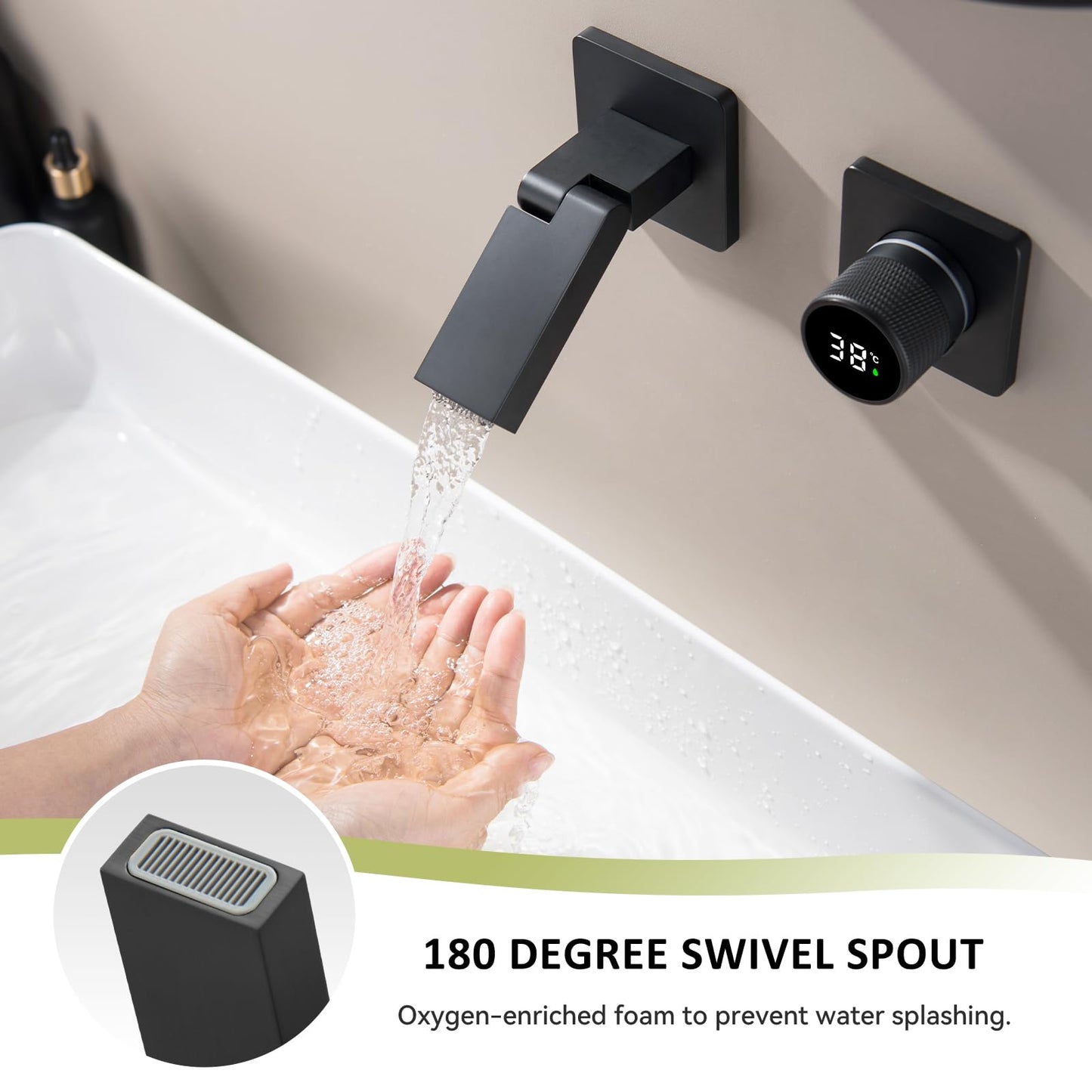 Robinet De Salle De Bain Avec Affichage Numérique LED, Robinet Lavabo Mural Pliable À 180° Mitigeur De Lavabo Robinets Cascade De Baignoire Avec L’Eau Froide & Chaude