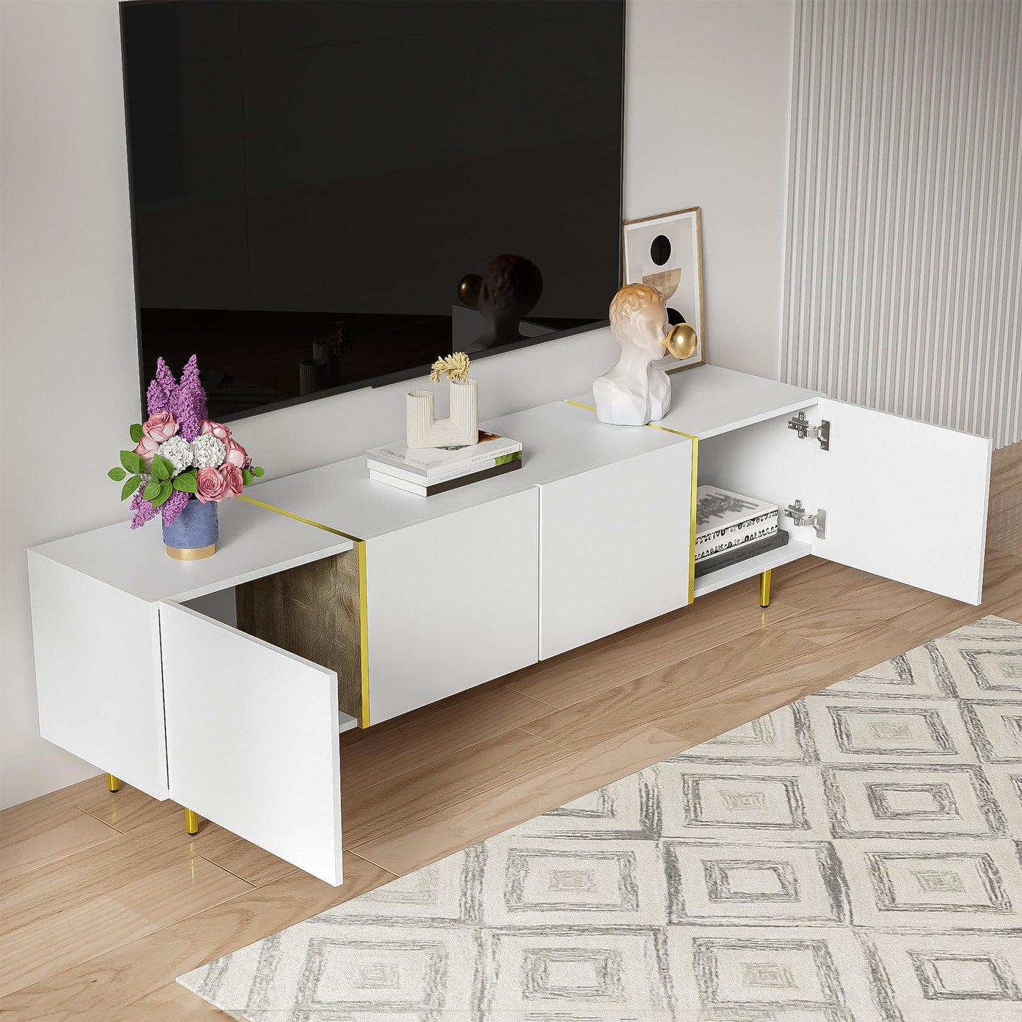 Meuble TV 170cm, Meuble Télé de Salon Quatre Portes Haute Brillance, Armoire De Télévision avec 2 Ports de Gestion des Câbles, Table Télévision Peut Accueillir Un Téléviseur de 70 Pouces, 170x35x46cm