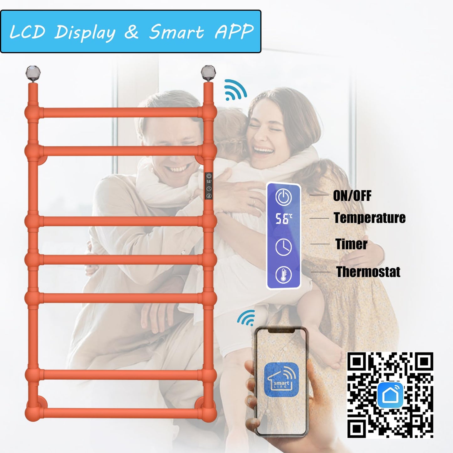 Sèche Serviettes Électrique WiFi 100W, 850 * 600mm Chauffe-Serviettes Mural avec 7 Barres Chauffant, Thermostatique Radiateur Porte-Serviettes de Salle Bain avec Thermostat et Minuterie, Orange