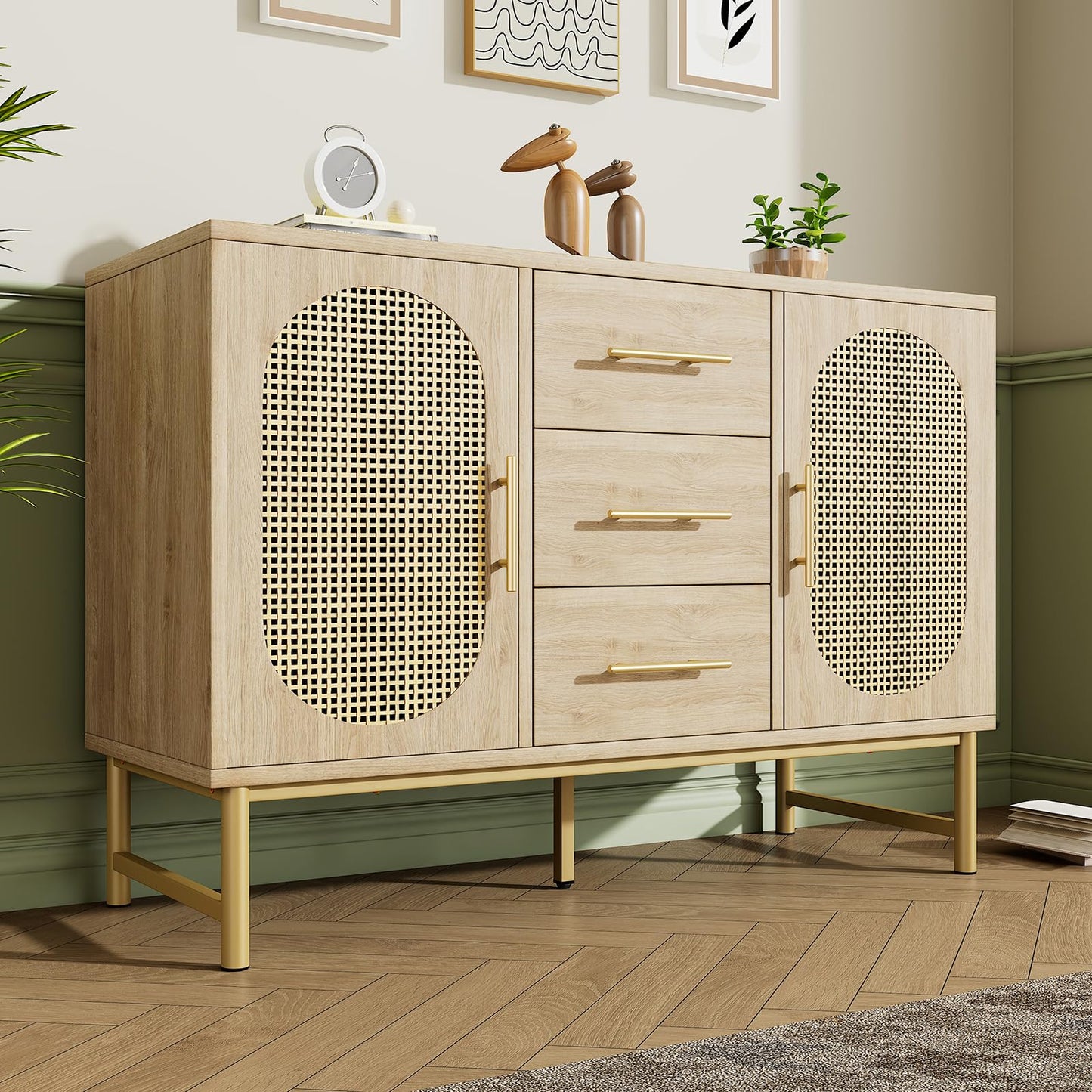Buffet,Meuble de Rangement,Armoires de cuisine,Buffet avec 3 tiroirs et 2 portes en rotin, étagères réglables,Commode avec poignées et pieds en métal,Protection anti-basculement,120 x 40 x 74 cm
