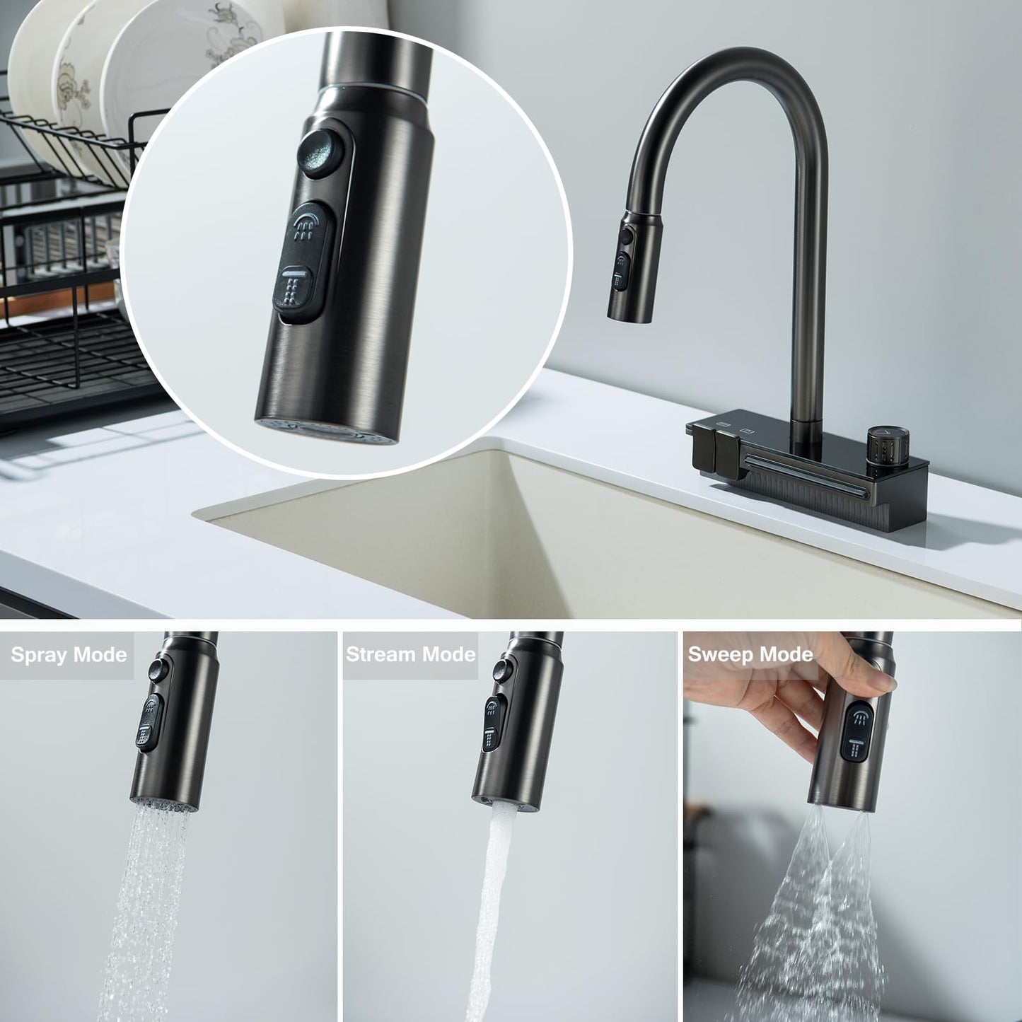Robinet de Cuisine Cascade avec Douchette Extensible, Mitigeur Cuisine Cascade Unique avec Touches Piano et Bouton Rotatif, 4 Modes Robinet d'Évier de Cuisine Pivotant à 360°