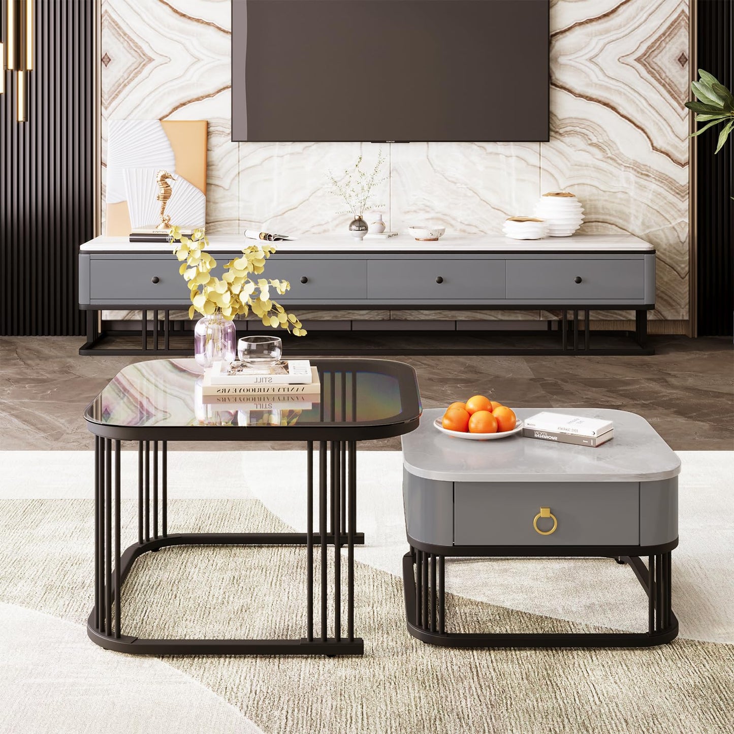 Peiaw Table Basse,Lot de 2 Tables Basses carrées,Aspect marbre Brillant Gris et Plateau en Verre,Noir Structure en métal et poignée dorée,avec tiroirs,Table de Salon 60x60x45cm & 50x50x34cm