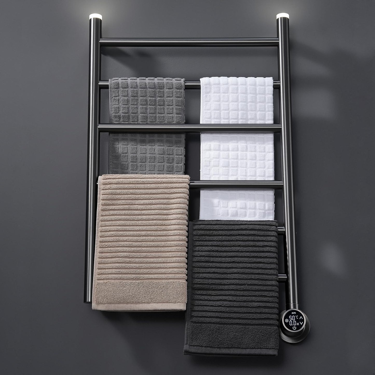 Sèche-Serviette Électrique Mural 36W Porte-Serviettes Chauffant Électrique avec Veilleuse à Capteur 50x79 cm Gris Radiateur de Salle de Bain avec Écran Tactile LED