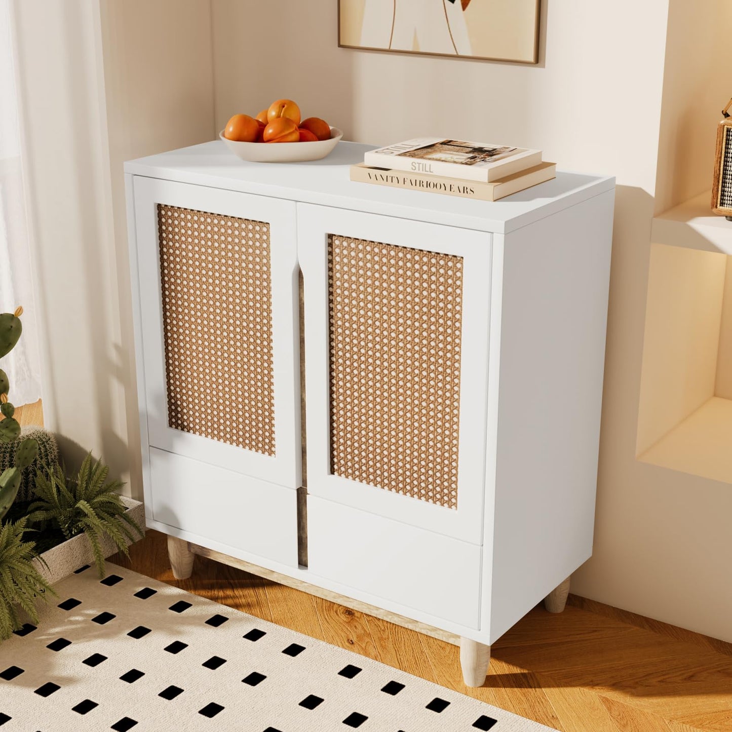 Buffet,meuble de cuisine rangement,Buffet en bois blanc,Buffet avec 2 portes et 2 tiroirs,Buffet avec pieds en bois massif et porte imitation rotin,Meuble de rangement entrée salle à manger 80 x 40 x