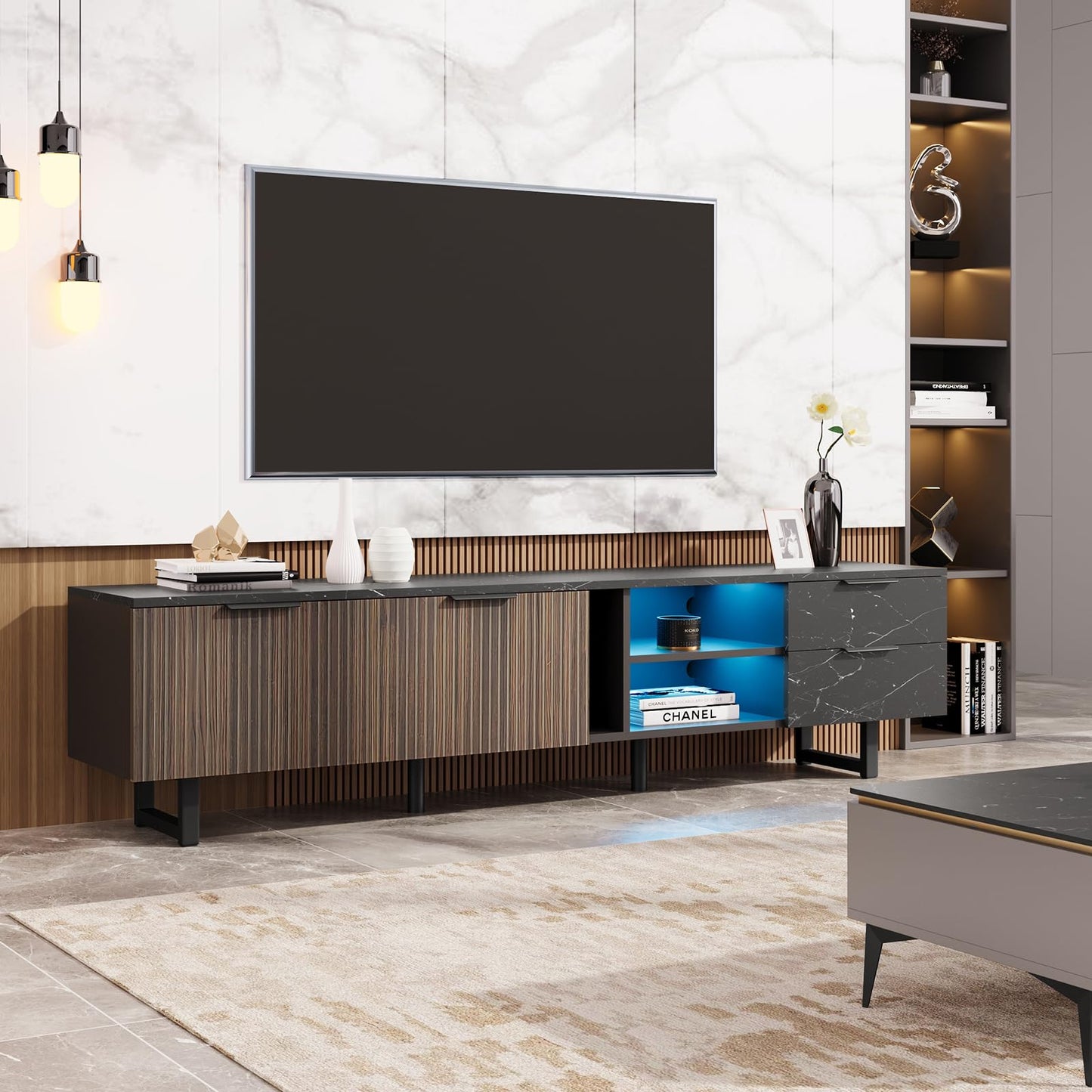 Peiaw Meuble TV,Meubles TV,Banc TV Noir,Éclairage LED réglable,Meuble Tele avec Deux Portes et Deux tiroirs,Meuble TV LED 200 x 38 x 50 cm,Convient pour Salon ou Chambre