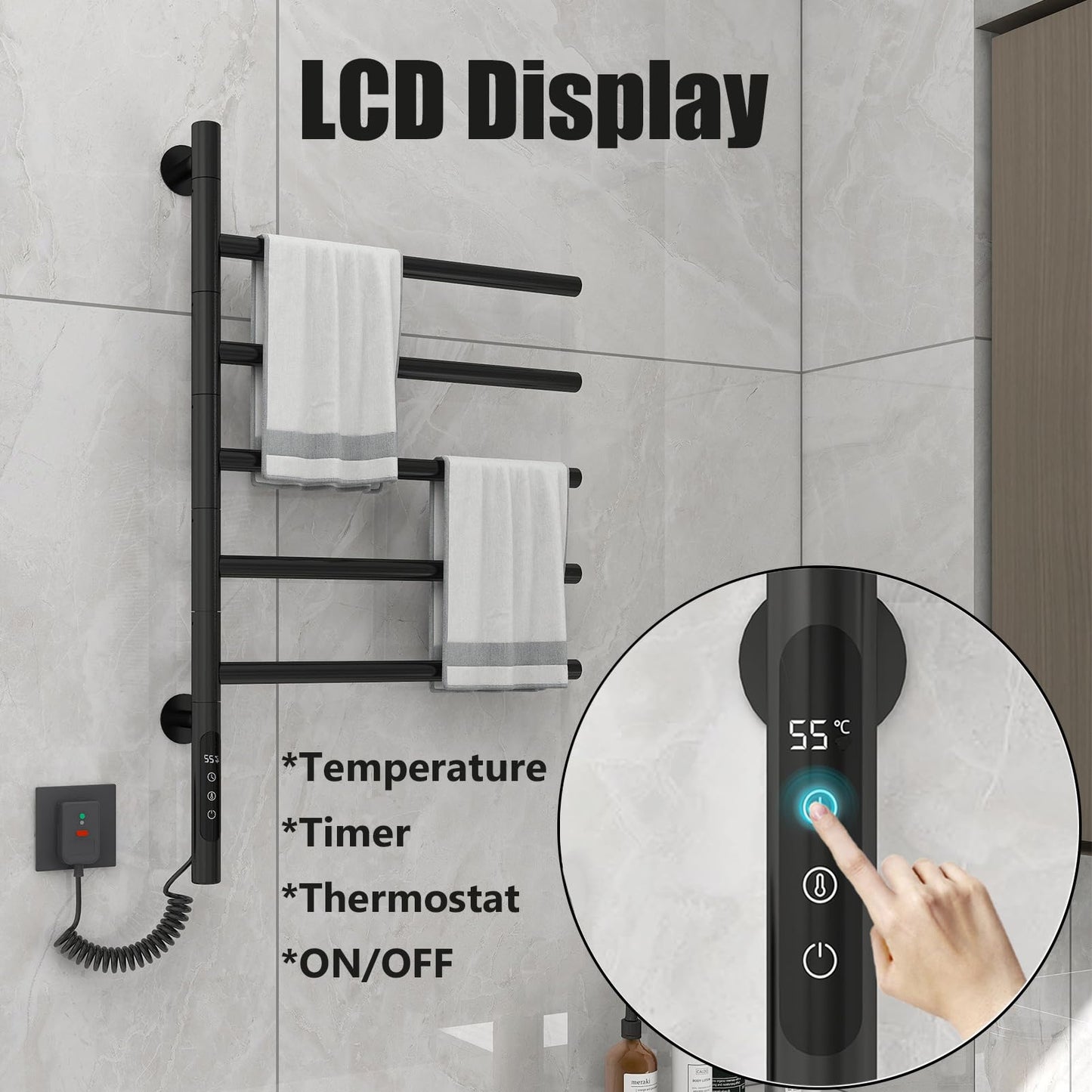 OihPaw Sèche-serviette électrique avec 5 Barres Porte-Serviettes Chauffant Pivotant à 180 °, 85W 42 * 66cm Chauffe-Serviettes électrique Mural avec Thermostat