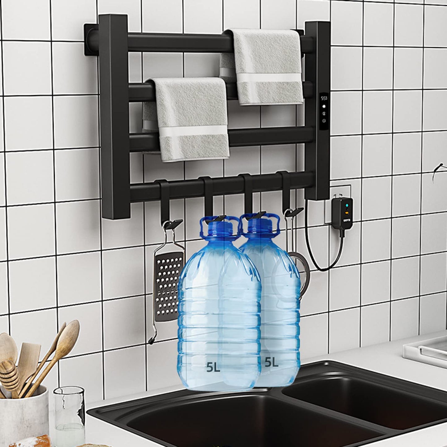 OihPaw Sèche-serviette électrique,550x350mm Porte Serviettes Chauffant Porte-serviettes électrique intelligent, Étanche IP24, Réglage de la température 30℃-70℃, 1-9H de chronométrage
