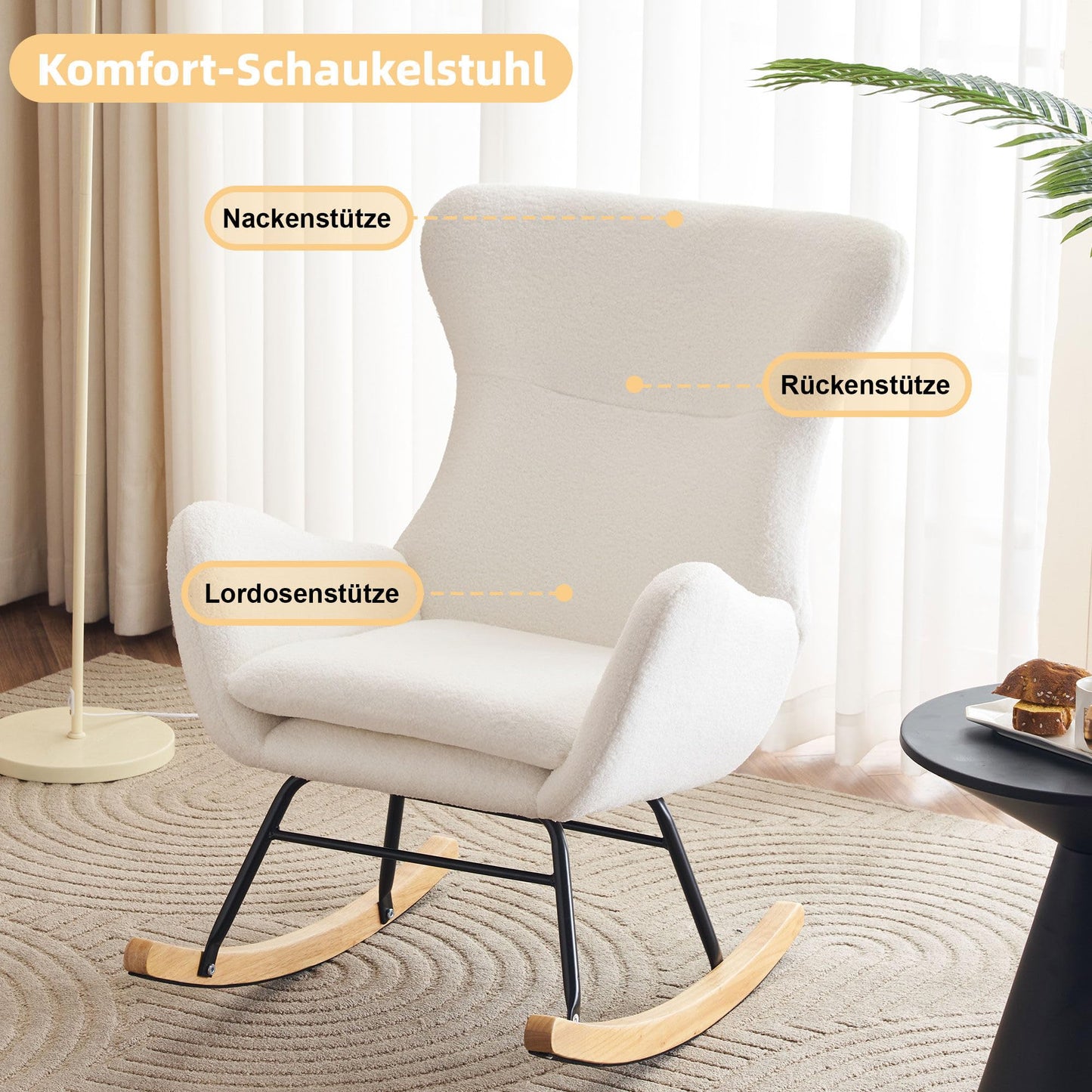 SHUGUANG Chaise a Bascule avec Cadre en Bois Massif, Fauteuil À Bascule Teddy-Fleece-Stoff, Conception Simple Chaise de Lecture Fauteuil Bascule en Vigueur Chambre à Coucher, Salon