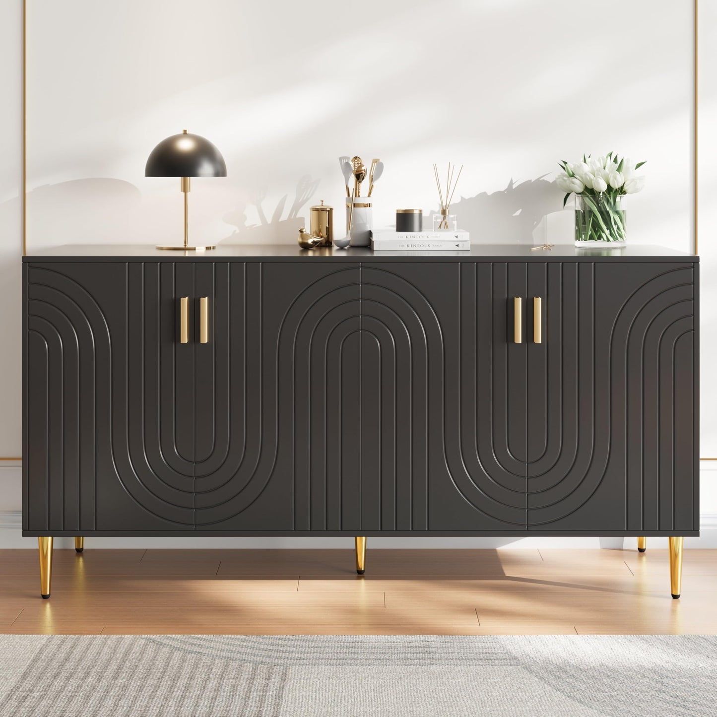 SHUGUANG Buffet Salon (152 x 40 x 75 cm), Meuble de Rangement Moderne et Simple avec Un Design Ondulé Unique, Poignées et Pieds Dorés, pour Une Salle à Manger élégante et Une Chambre à Coucher