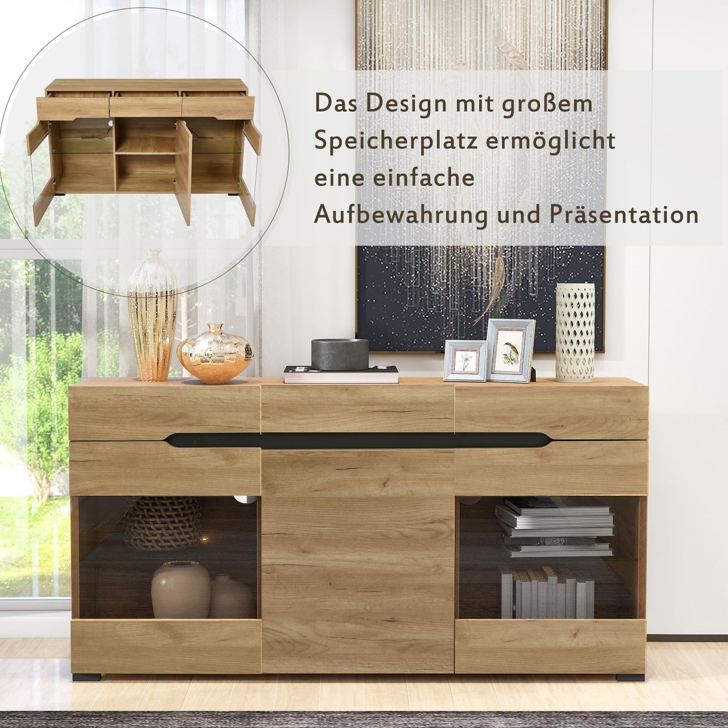 Buffet Salon LED, Meuble Buffet avec 3 Portes 3 Tiroirs, Vitrine Couleur Bois, Commode de Chambre Moderne et Élégante, Beaucoup D'espace de Rangement, Portes Acrylique Transparent, 140x35x80 cm