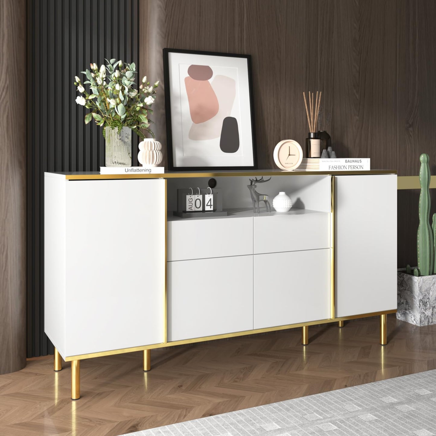 Peiaw Buffet,bahut Salon,Buffet avec 4 Portes et 2 tiroirs,Buffet avec éclairage LED,Meuble Chambre,Meuble Rangement Cuisine 150 x 40 x 80 cm,Commode de Style Moderne,Buffet avec Rangement Ouvert