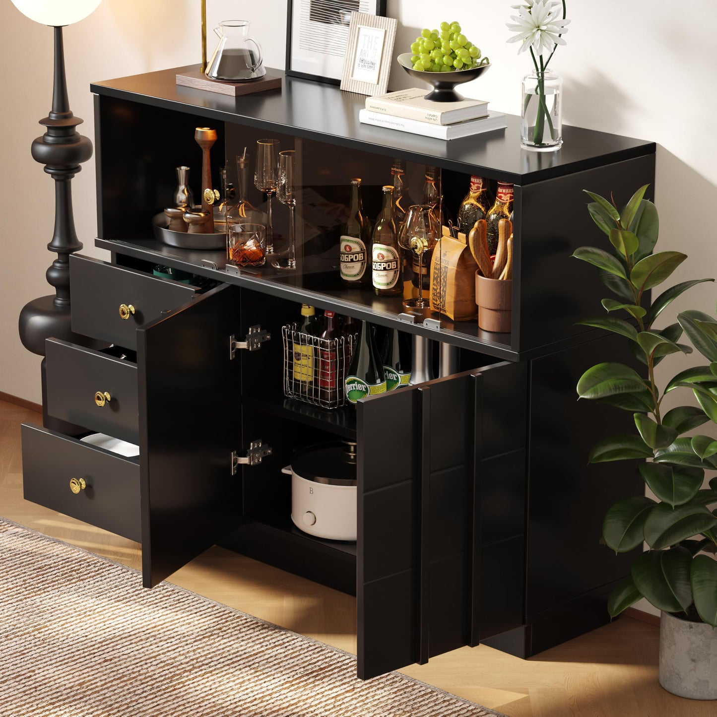 Buffet Moderne Élégant avec Portes en Verre Fumé, Meuble de Rangement avec 3 Tiroirs et 2 Portes, Meuble Buffet pour Salle à Manger Salon et D'entrée, Armoires Blanches/Noires, 120 × 33 × 95 cm