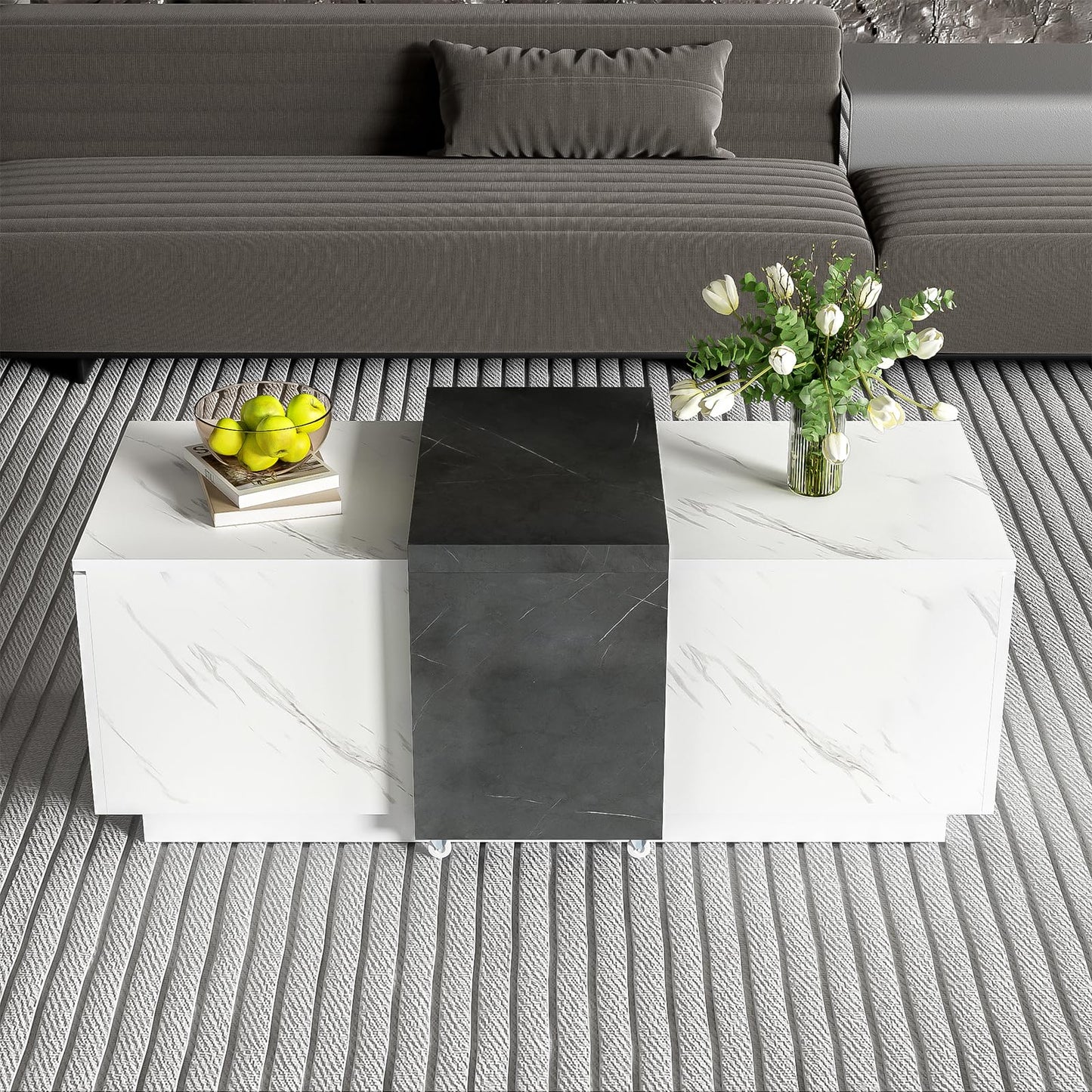Table basse,Table de salon, aspect marbre blanc, table basse mobile en marbre noir, deux portes de placard, avec charnières amortissantes, avec espace de rangement, table basse de 110 x 50 x 40 cm
