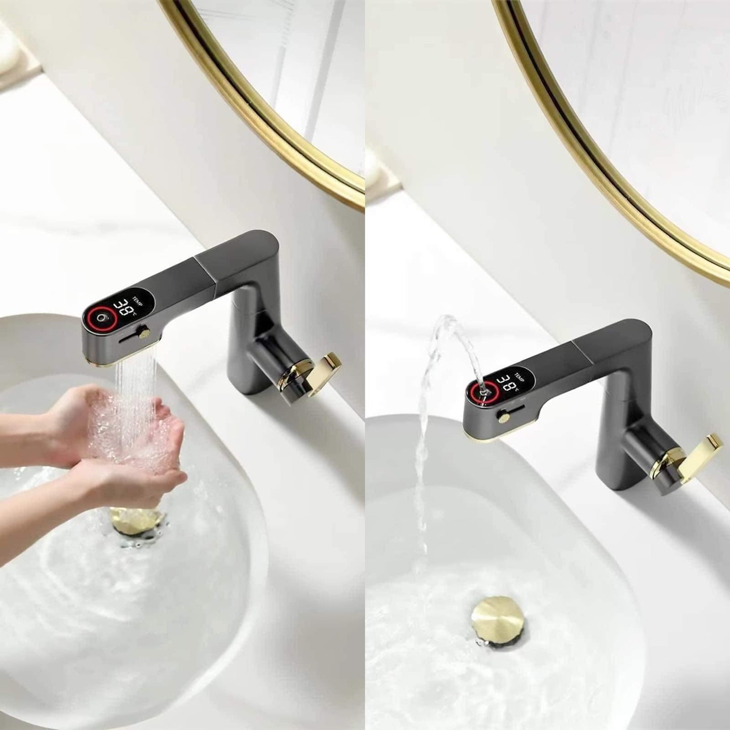 Robinet De Salle De Bain Avec PulvéRisateur Extractible, LED Affichage NuméRique De La TempéRature Rotation à 360 DegréS Robinet D'éVier De Salle De Bain Avec Trois Modes Gris