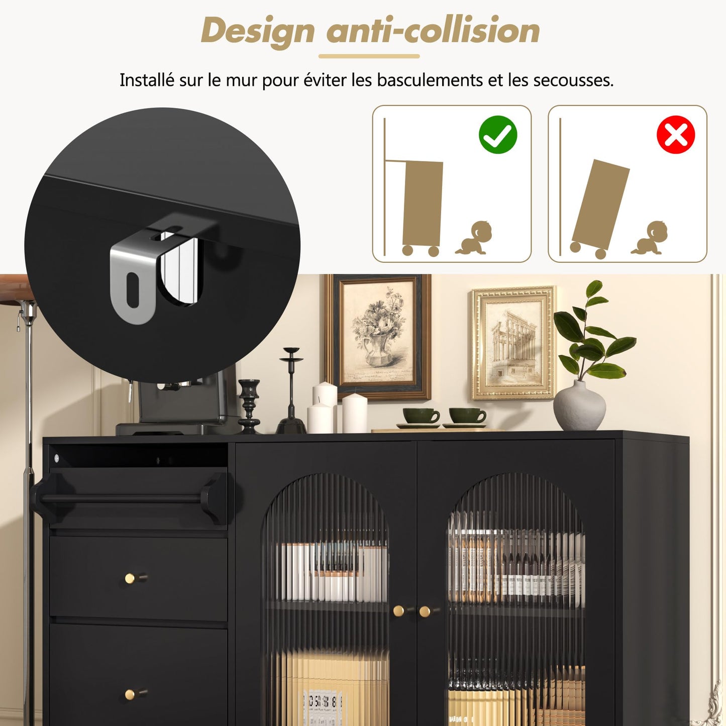 120 x 40 x 75.5 cm Noir Bahut de Salle a Manger, Armoire de Cuisine avec 3 Tiroirs et 2 Porte D'armoire Vitrée et Porte-Serviettes, Armoire de Rangement Polyvalente à Cuisine, Salon, Salle à Manger
