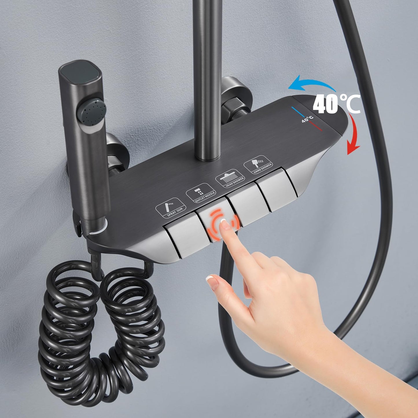 Colonne de Douche Thermostatique Piano Système de Douche Mural Gun Gray Ensemble de Douche Réglable en Hauteur Set de Douche avec Mitigeur,3 Modes Douchette,12 Pouces Douche de Tête,Bidet-Spray