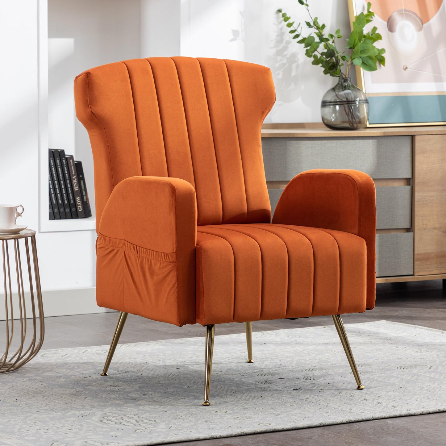 SHUGUANG Fauteuil Confortable Velours, Fauteuil Salon Confortable Chaise Coiffeuse avec Pieds Métalliques Dorés, Forme de Chaise Cigare Chaise de Lecture en Vigueur Chambre à Coucher, Salon