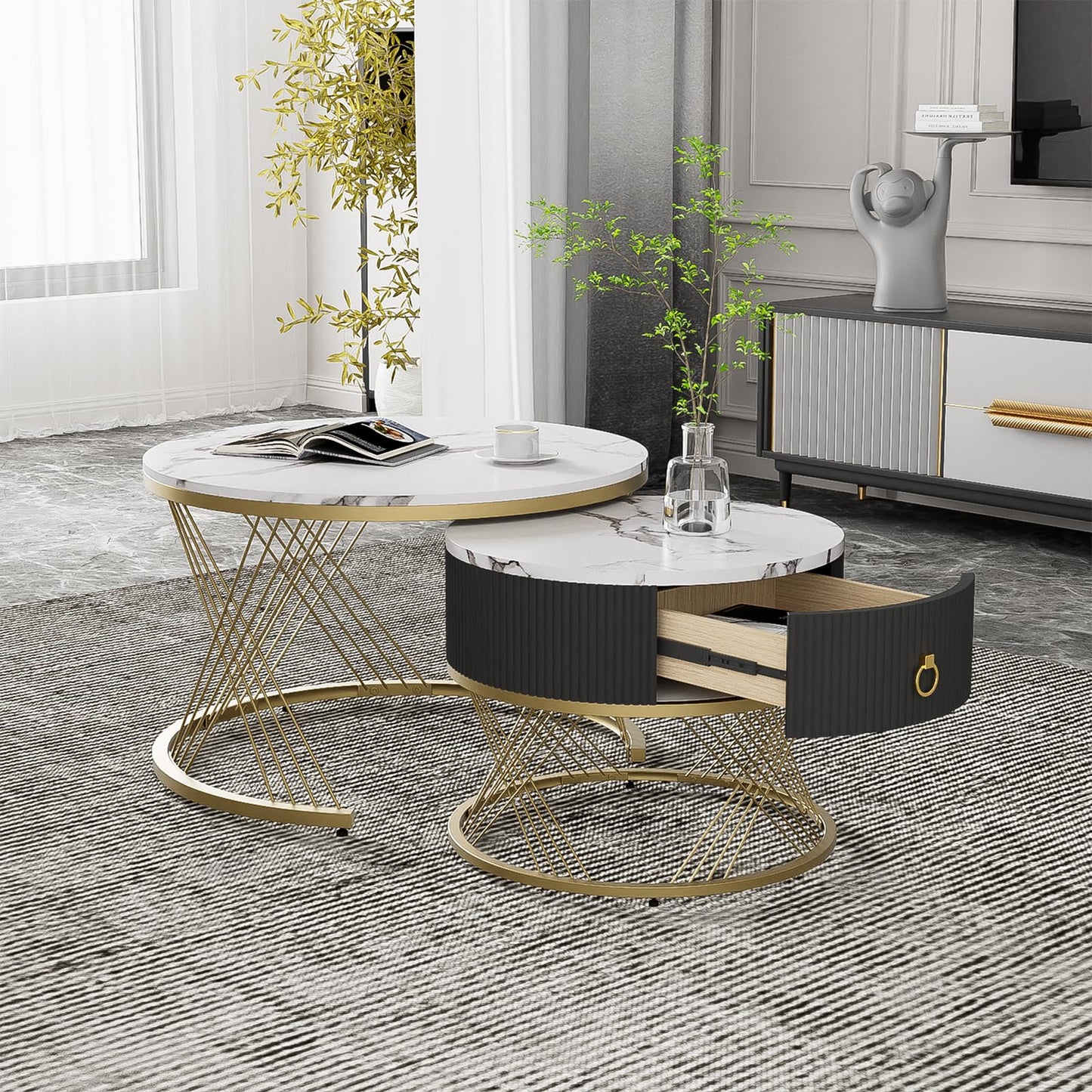 Table Basse,table basse ronde blanc,Lot de 2 Tables Basses de Salon Gigognes avec tiroirs, table de salon moderne aspect marbre et structure en acier doré, table de salon 70x70x45cm et 50x50x40cm