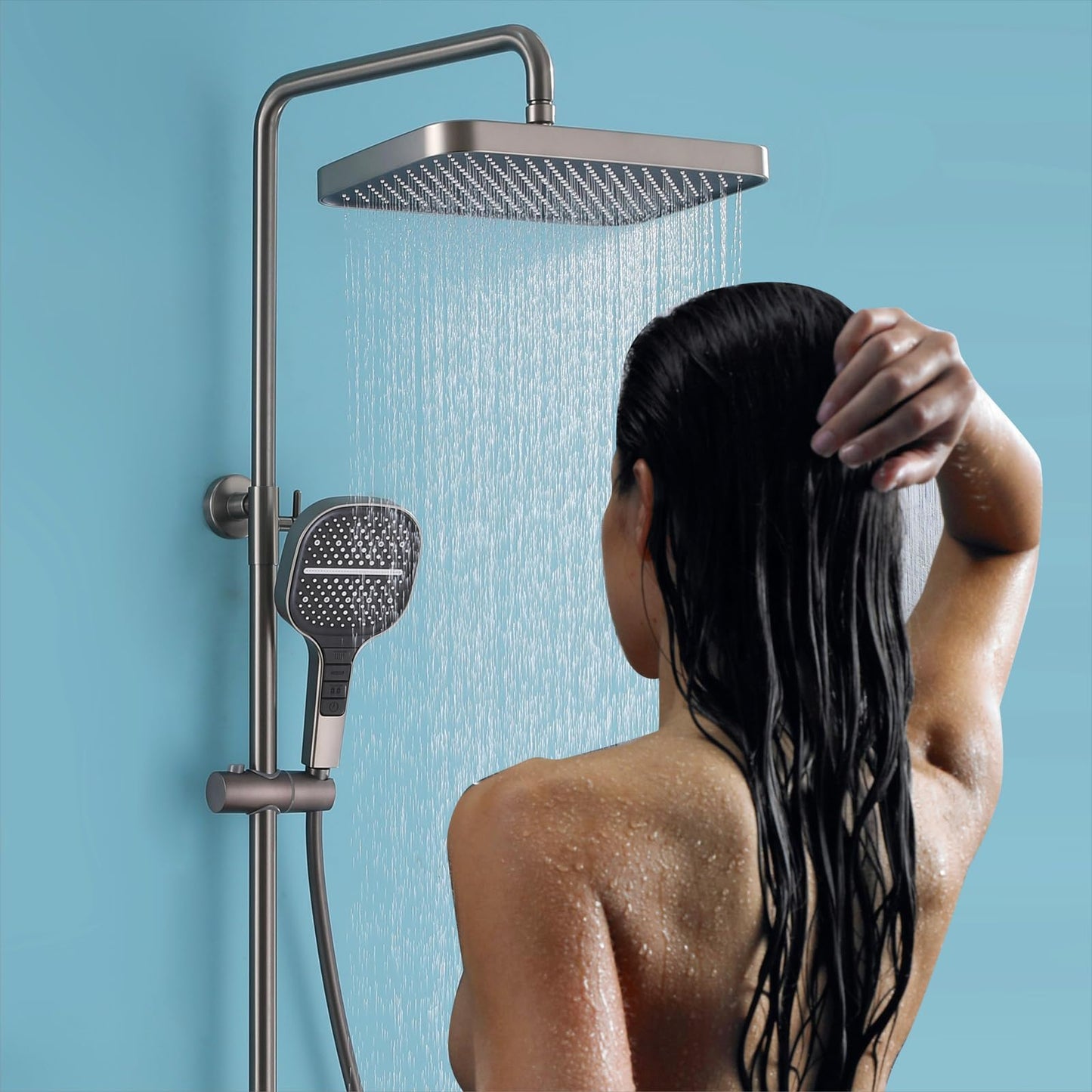 Colonne de Douche Thermostatique, Système de Douche Mural Piano Key avec Affichage numérique LED, Pommeau de Douche 33x22cm avec douchette, Robinet de Bain et douchette de Bidet(Gris)