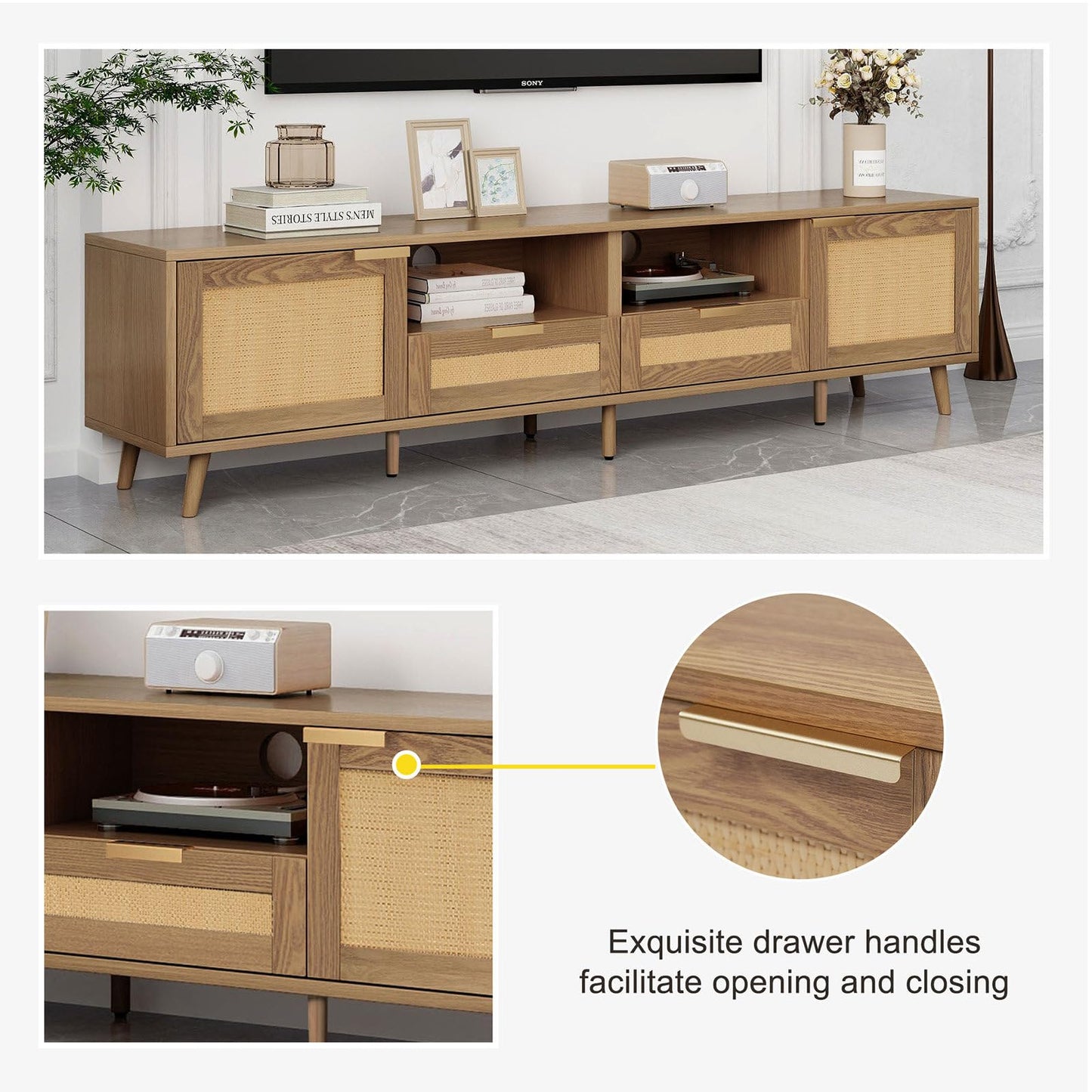 Meuble TV 200cm, Armoire De Télévision Rotin Tressé, Meuble Télé de Salon Pieds D'armoire Réglables, Table Télévision Convient Aux Téléviseurs de 90 Pouces, 2 Portes, 2 Tiroirs et 2 Étagères Ouvertes