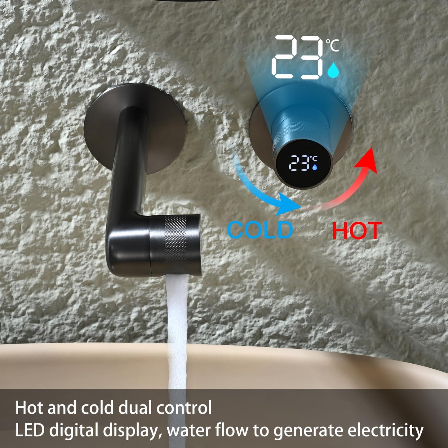 Robinet de Lavabo Rotation à 360°, Gris Pistolet Robinet de Salle de Bain avec Affichage Numérique LED Mitigeur Lavabo Monocommande Chaude et Froide Robinet Salle de Bain avec Boîtier Intégré