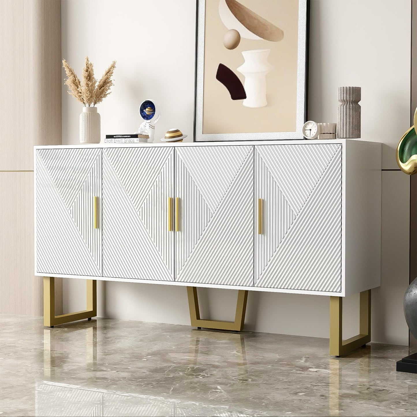 Buffet, meuble de rangement vertical Blanc, armoire multifonctionnelle, très grand espace de rangement, buffet avec portes brillantes et poignées dorées, design 4 portes, Buffet 150 x 40 x 82 cm