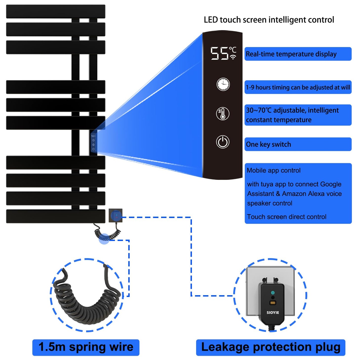 OihPaw Sèche serviette électrique,Chauffe-Serviettes à thermostat Intelligent WiFi,Porte-Serviettes électrique,Fonction de synchronisation,500x1100mm - G580