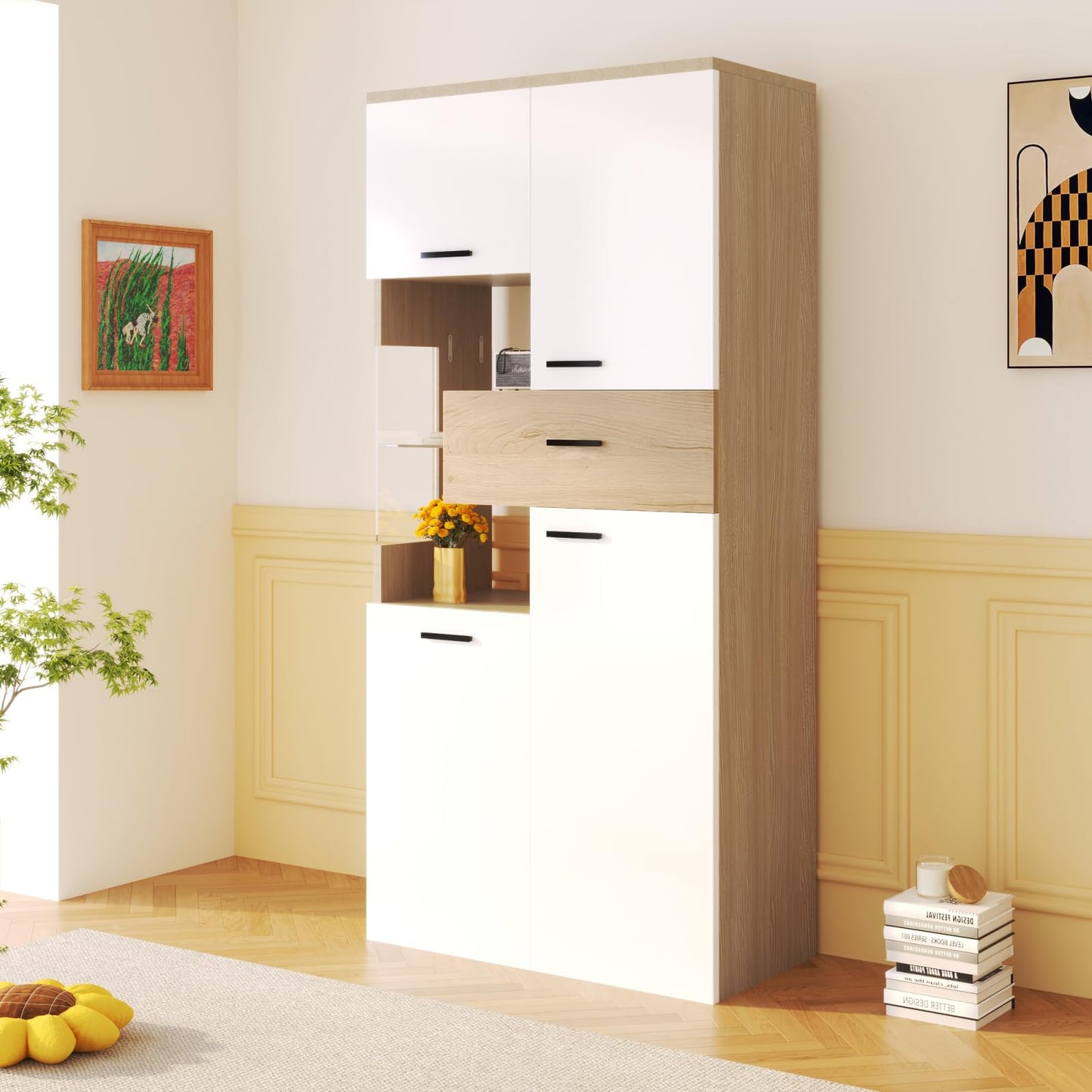 Buffet,Meuble de cuisine rangement,buffet Blanc avec 4 portes et 1 tiroir, buffet avec éclairage LED,Armoires avec éclairage, meubles avec portes vitrées,mobilier moderne 150 x 40 x 78 cm,vitrine