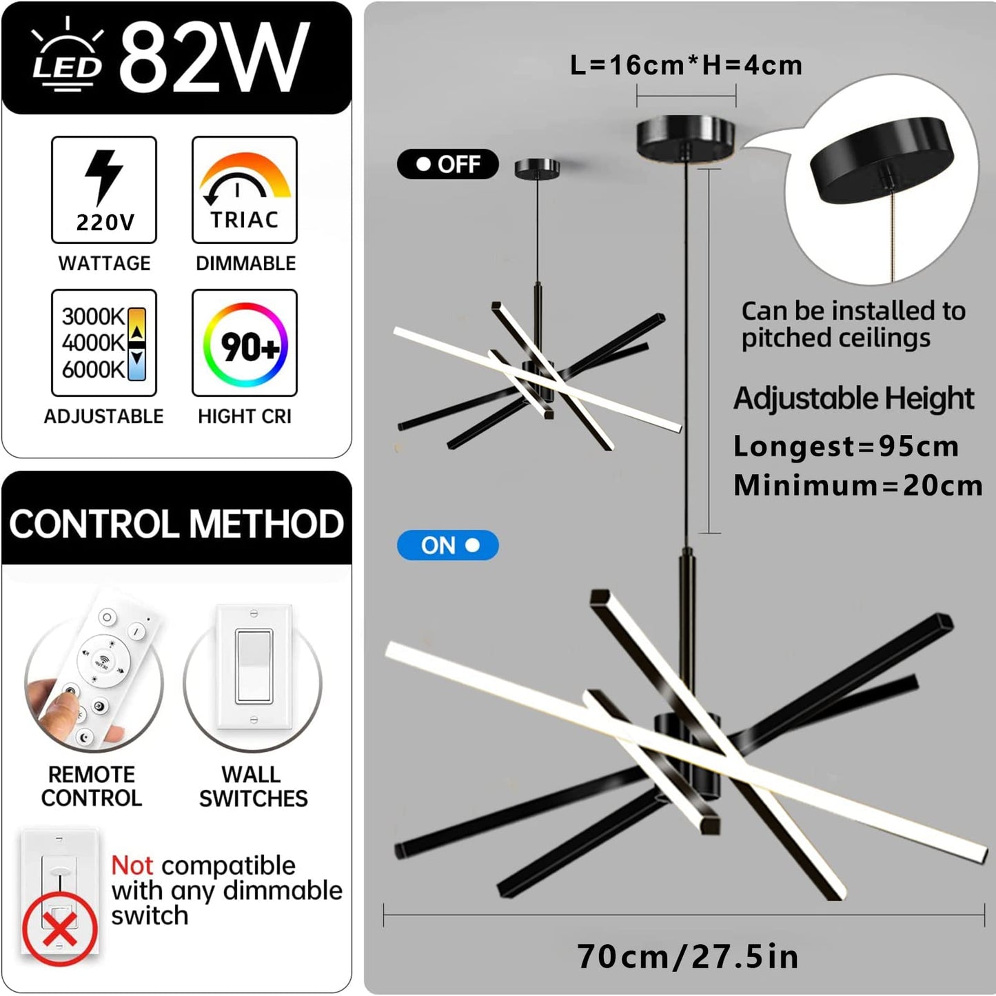 Suspension LED,82W LED Plafonnier Dimmable,Moderne LED Lustre Acrylique Design Lampe salon Lustres Chambre avec Télécommandée,Lustre Réglable en Hauteur,pour Cuisine Salle Manger Lampes