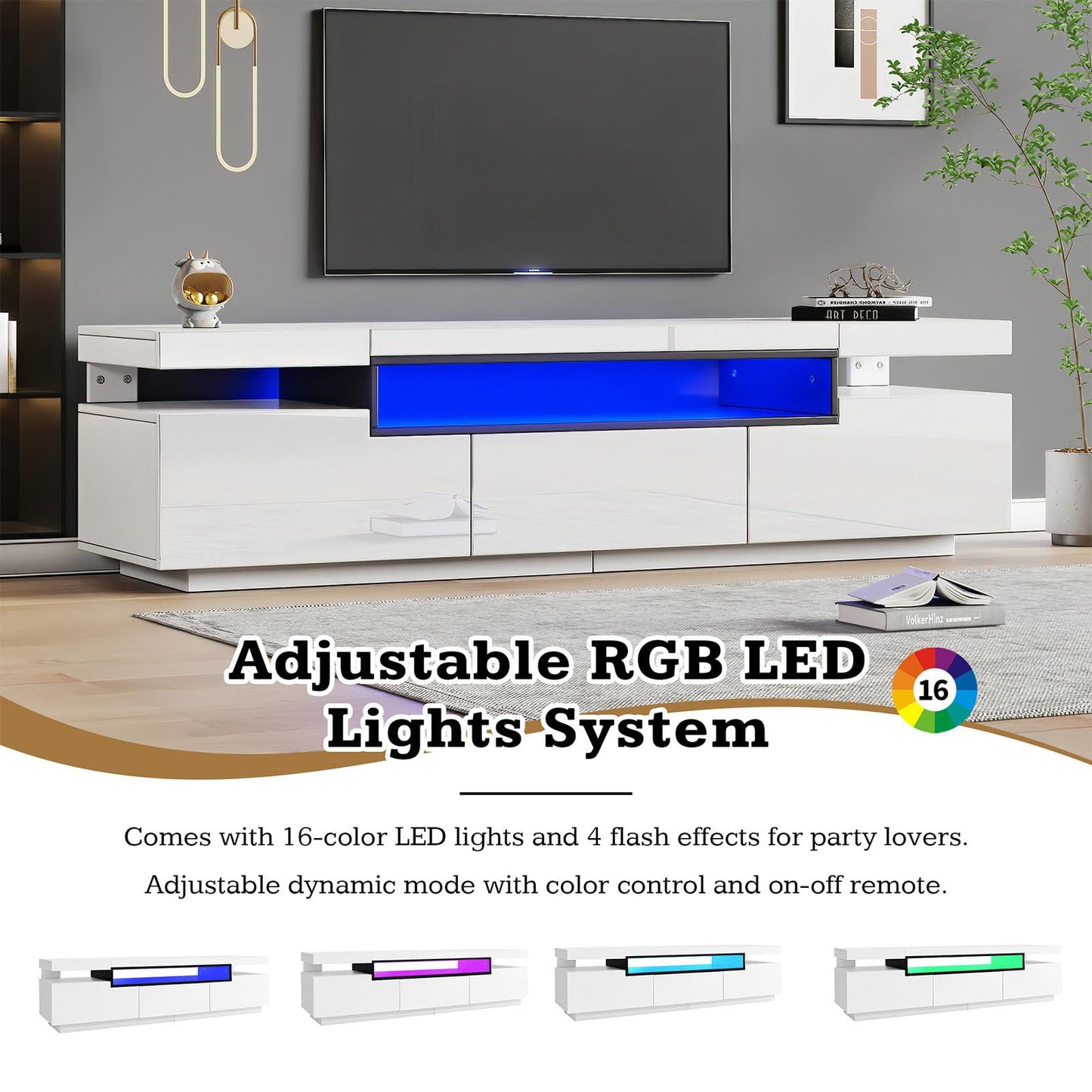 Meuble TV de 160 cm - Peut accueillir des téléviseurs de 70 à 79 pouces - Avec éclairage LED 16 couleurs - Design brillant élégant avec 3 tiroirs - Rail coulissant de qualité supérieure - 160 x 39 x