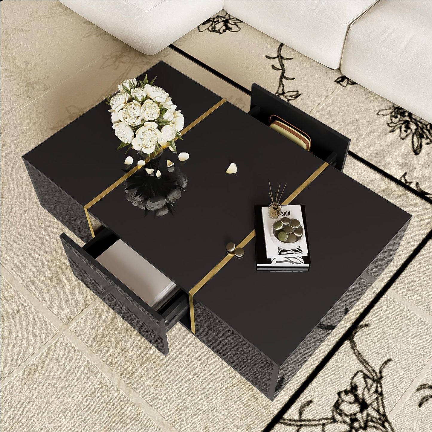 Peiaw Table Basse,Table Basse Salon,Noir Table Basse Brillante,Table Basse carrée Moderne,Table Basse avec Deux tiroirs,Pieds de Table dorés,Garde au Sol 19,5 cm,Table Basse 100 x 60 x 41,5cm